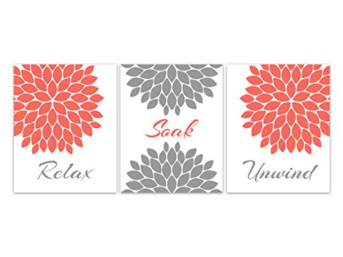 Modern Coral and Gray Bathroom Wall Art Set of 3 Prints - Relaxing Spa Decor for Bathroom, Shower, Powder Room - Perfect for Home Decor and Housewarming Gifts