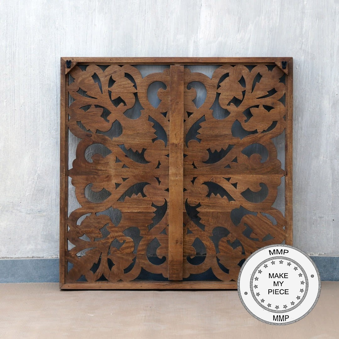 Hand Carved Indian Solid Wood Wall Decor Panel - Traditional Artwork for Home, Office & Meditation Room Decor