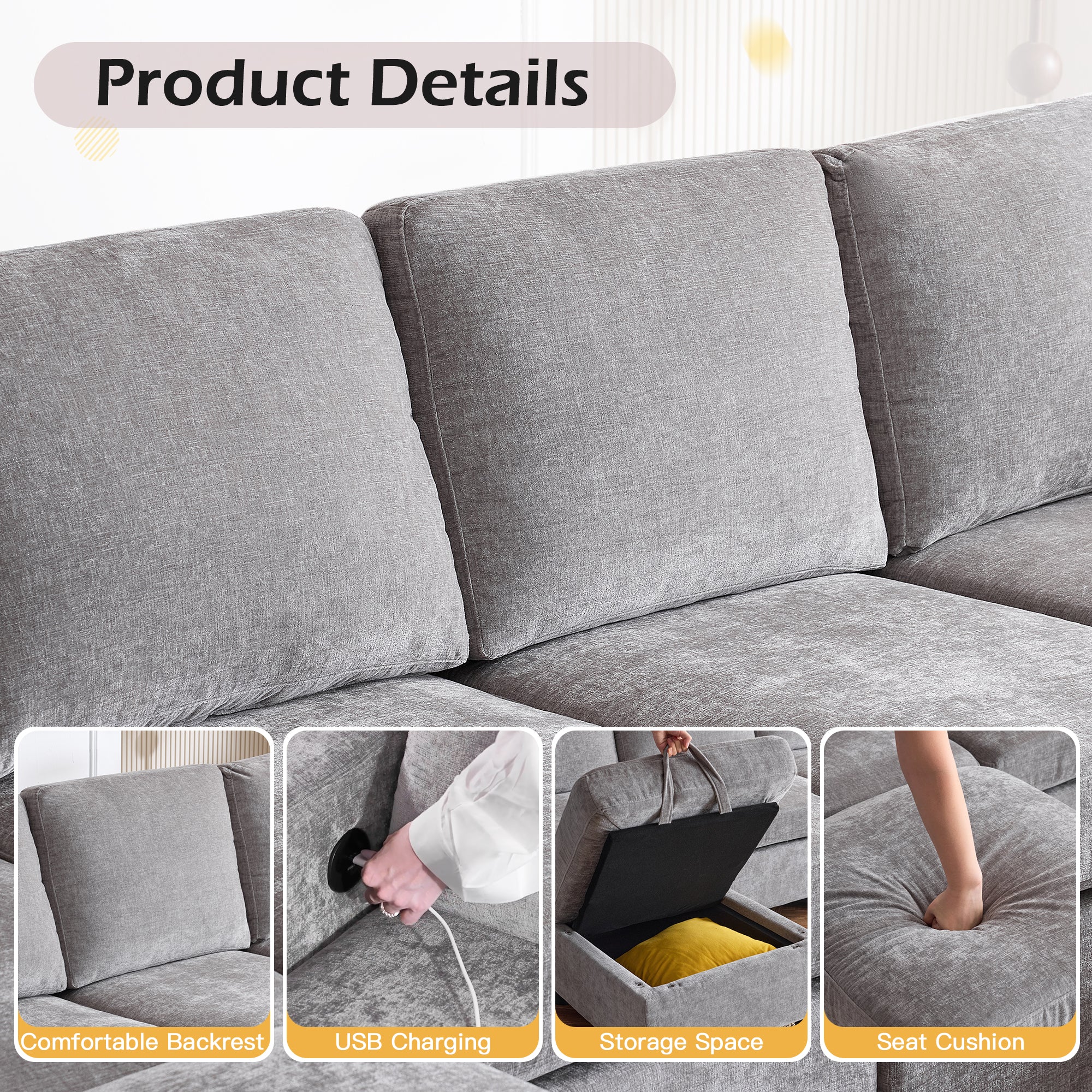 Erommy 6-Piece Modular Sectional Sofa with Storage, Light Grey - Convertible L-Shaped Couch for Living Room, Family Room, or Home Theater - Includes Armrests and 6 Single Seats