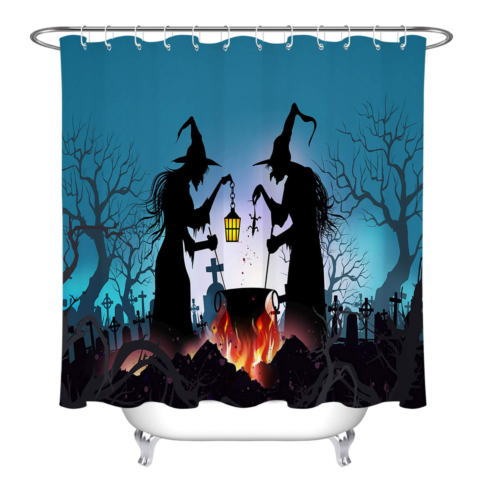 LB Scary Witch in Graveyard Halloween Shower Curtain Set - 70x78 Inch Extra Long Waterproof Bathtub Curtain for Spooky Bathroom Decor - Perfect for Halloween Party, Haunted House & Gothic Home Decor