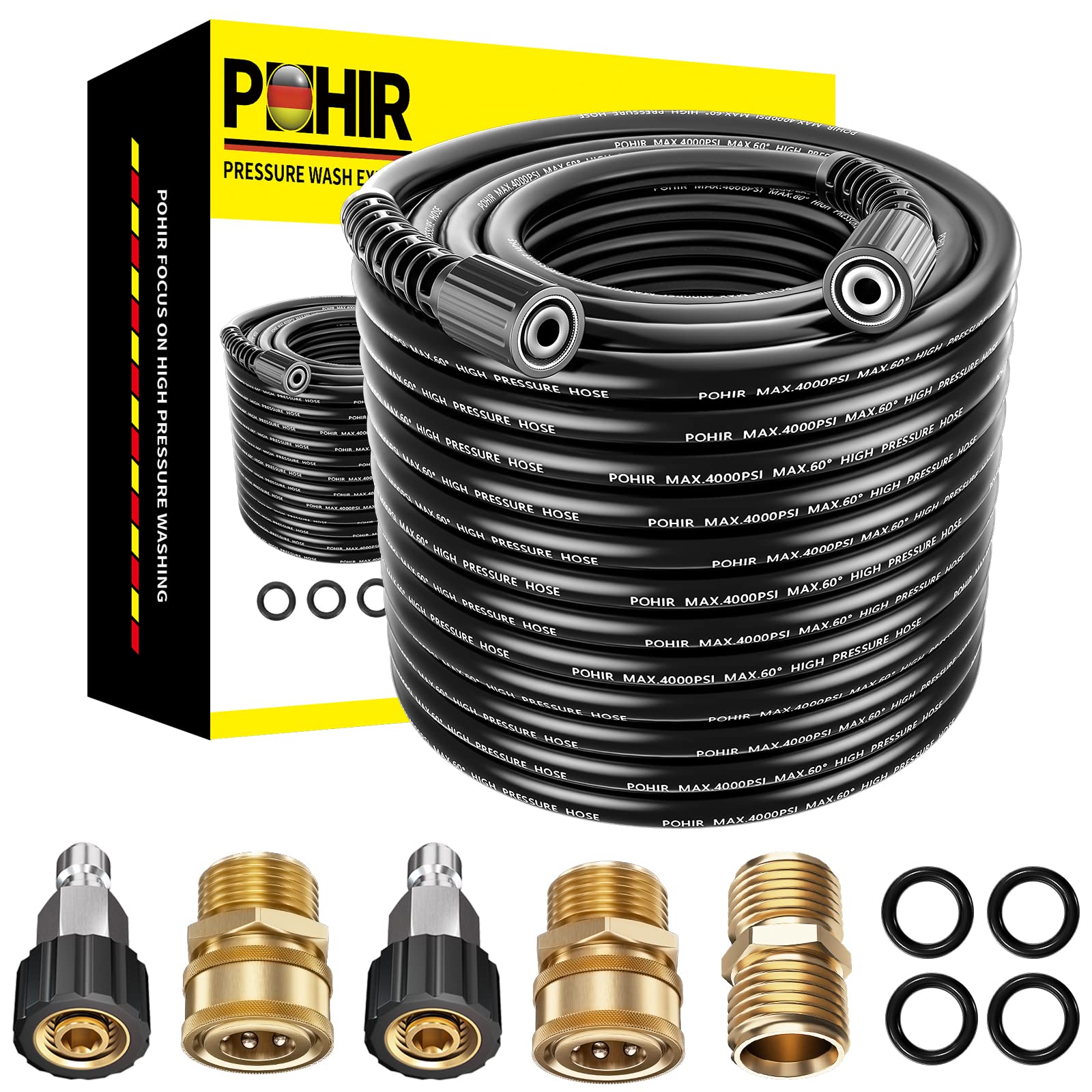 POHIR 100ft High Pressure Power Washer Hose with M22 Fittings - 4000 PSI Heavy Duty Metal Washer Hose (14mm, Black) for Deep Cleaning Driveways, Decks & Outdoor Surfaces