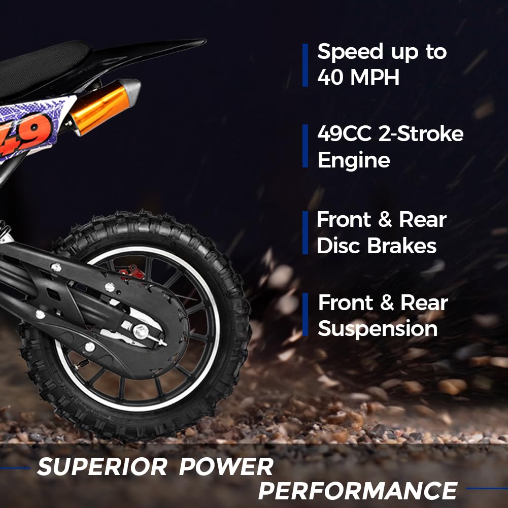 49CC Kids Dirt Bike - 2-Stroke Gas Powered Mini Bike for Off-Road & Trail Riding - Front & Rear Disc Brakes, Speeds Up to 40MPH, 220LBS Weight Capacity (Black) - Perfect for Backyard Adventures, Off-Road Trails & Youth Motocross Training