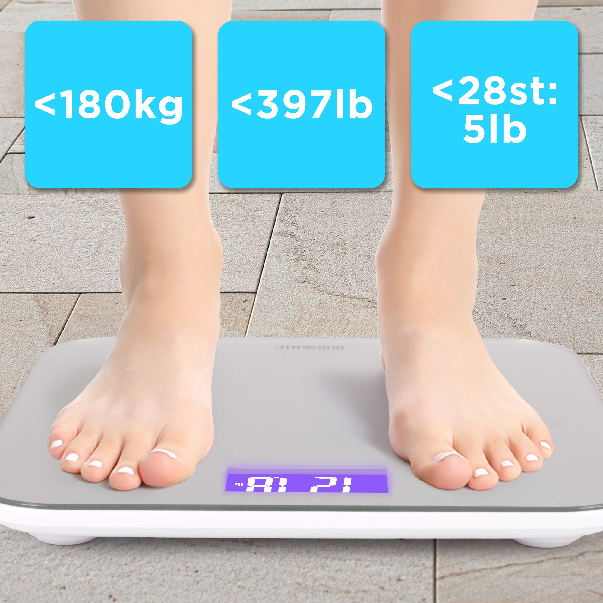 Duronic BS603 Digital Bathroom Scale - Accurate Body Weight Measurement in kg/lbs/stones - Silver Glass Design with Purple Backlight - Step-On Technology & Precision Sensors - 180kg Capacity - Perfect for Home Gym, Fitness Tracking & Health Monitoring