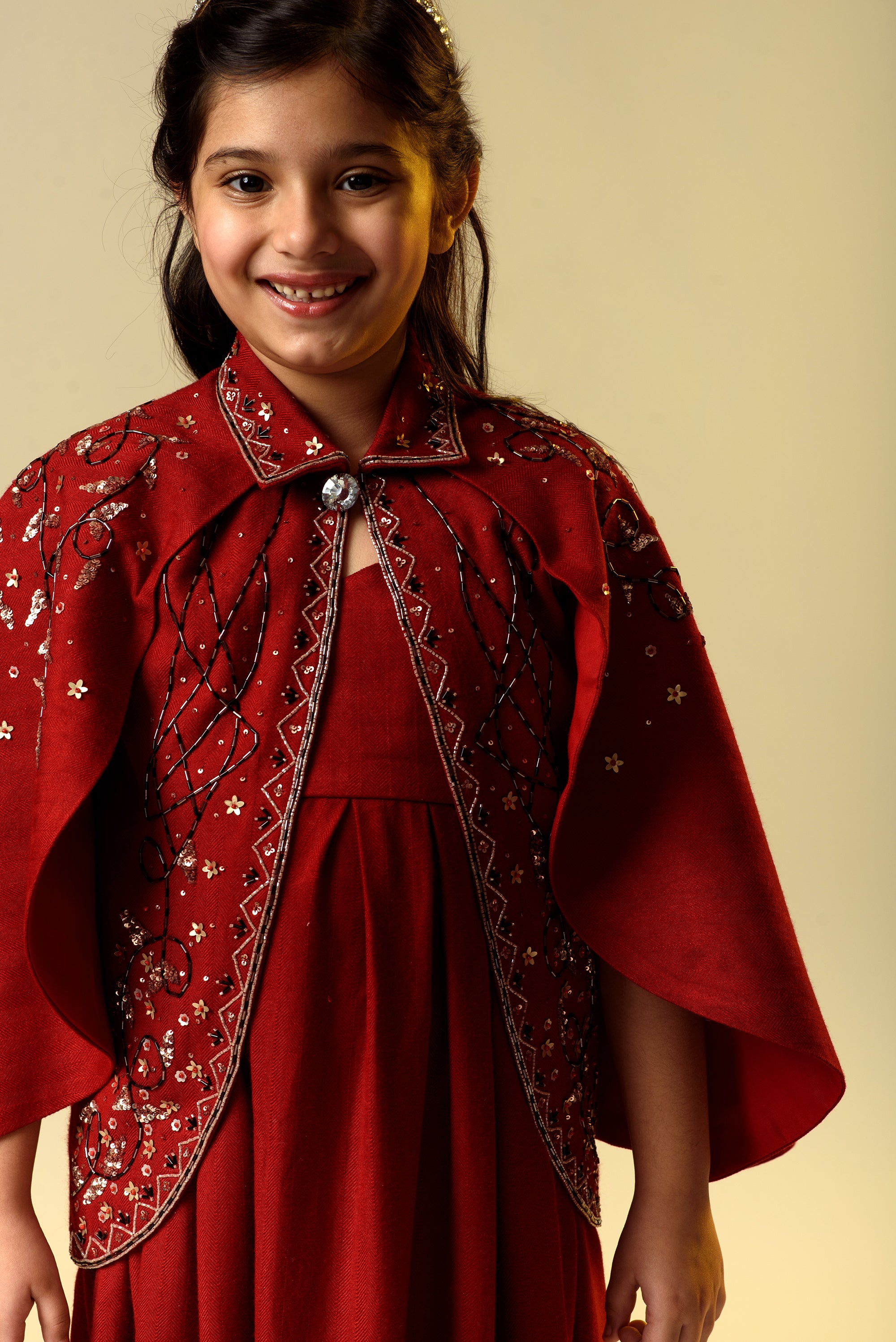 Rosy Finch Girls' Double Flared Red Embroidered Jacket with Long Wool Dress - Winter Fashion Outfit for School, Parties & Holiday Photos
