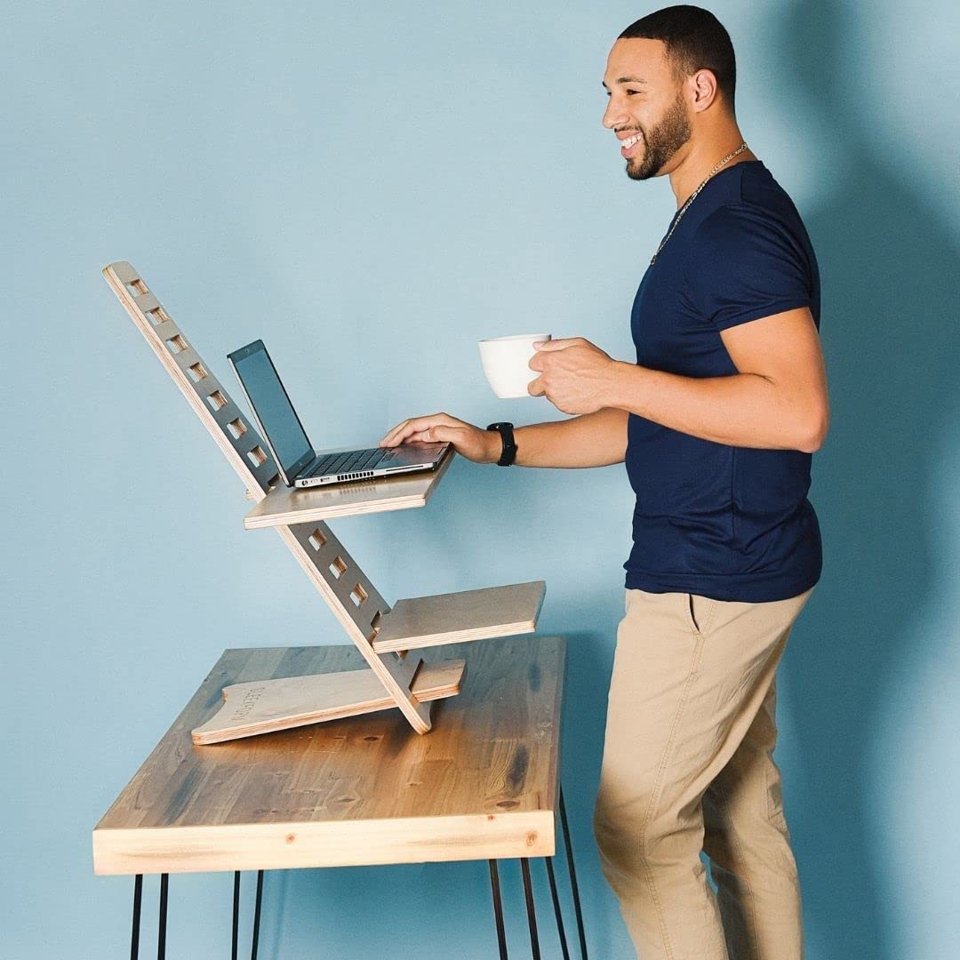 Sleekform Adjustable Standing Desk Converter - Ergonomic Laptop Riser & Height-Adjustable Workstation for Home Office (Wood Table Top) | Perfect for Remote Work, Gaming & Study Setup