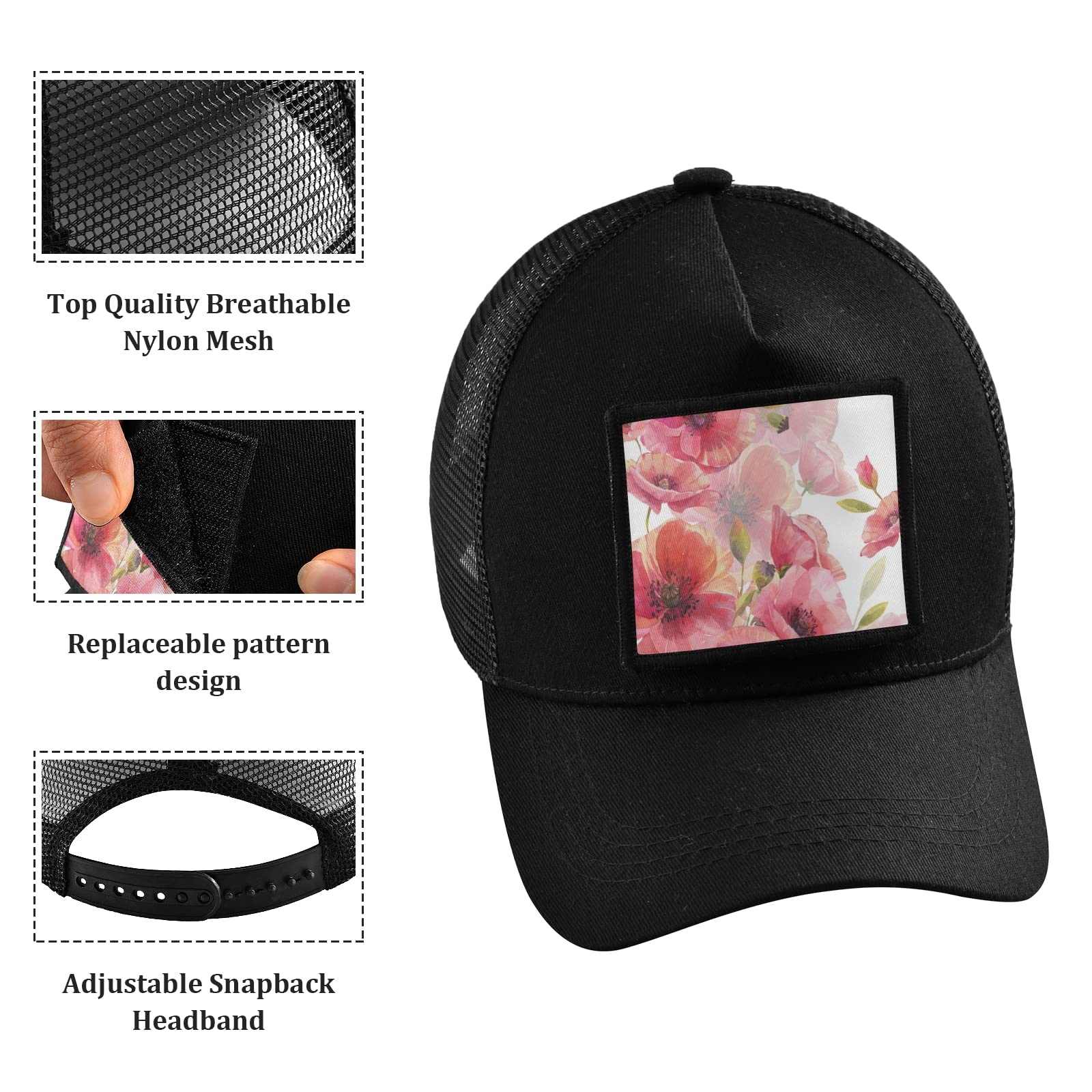 Poppy Watercolor Trucker Hat - Adjustable Snapback Baseball Cap for Men & Women | Breathable Mesh, Black | Perfect for Outdoor, Hiking & Casual Wear
