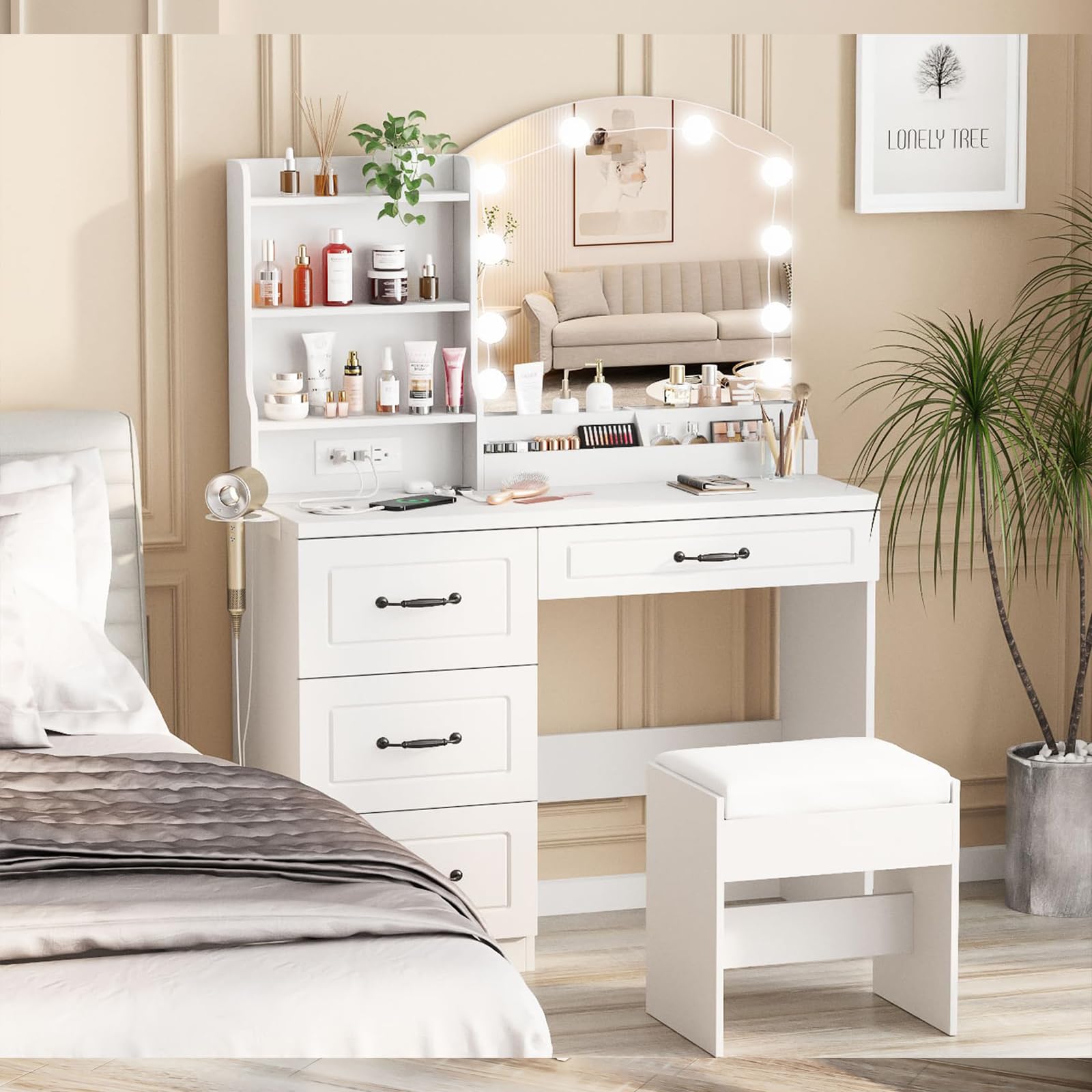 Vabches White Makeup Vanity Desk with LED Lights & USB Charging Station - Large 39.4