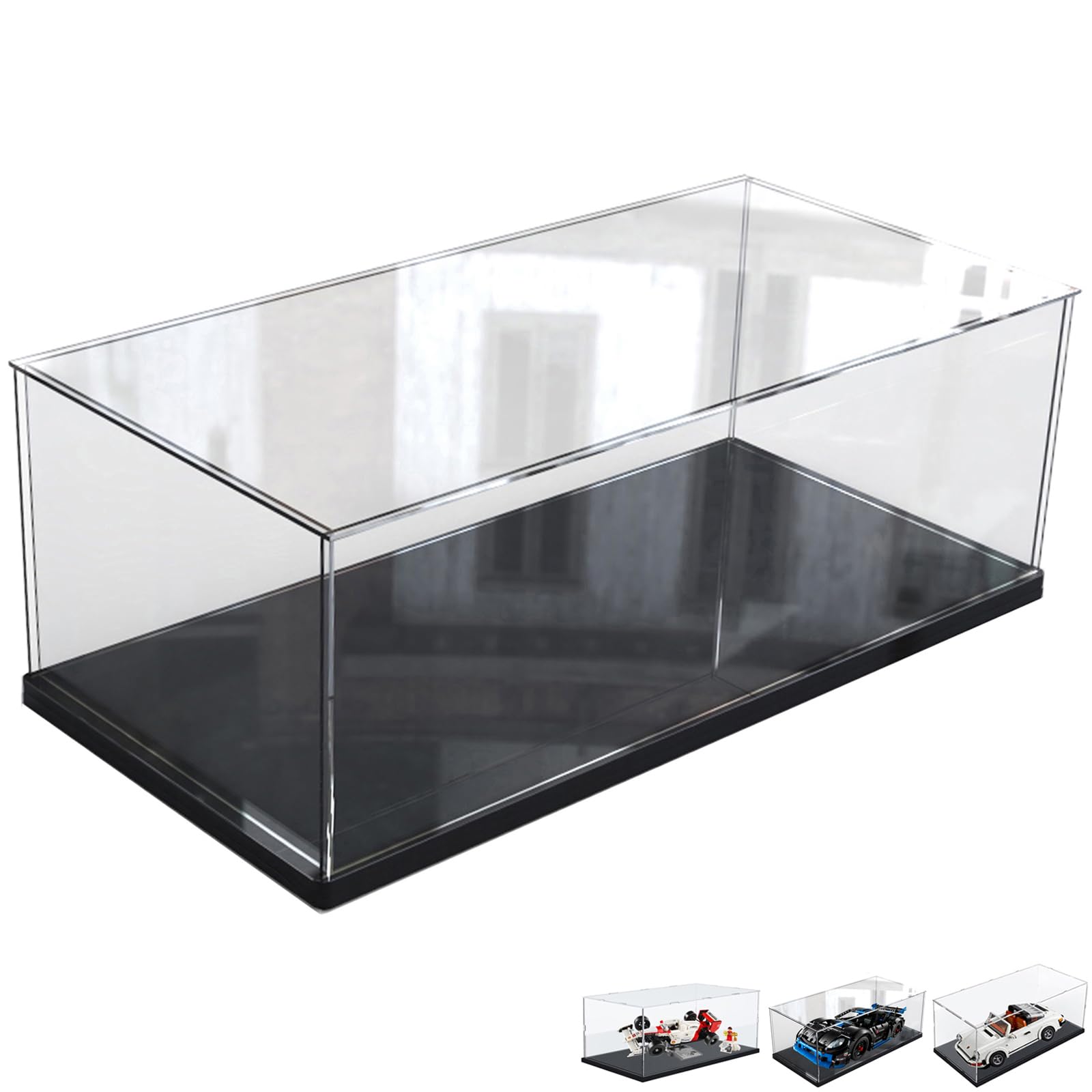 Premium Thickened Clear Acrylic Display Case for Lego Sets 10330 10295 42176 10337 42170 75376 - Dustproof Protection Box with Wood-Plastic Base & LED String Lights (Black Interior, 15.7x7.9x7.9 inches) - Perfect for Showcasing Collectibles in Home Office, Game Room or Retail Display