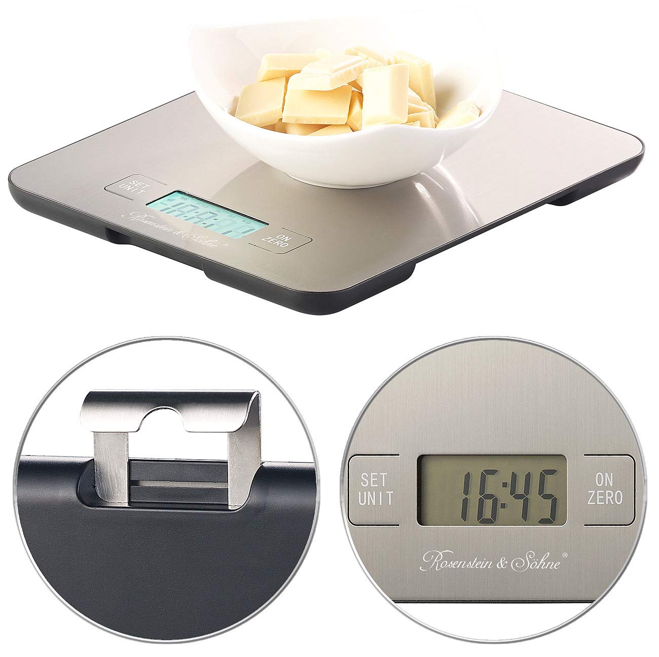 Rosenstein & Söhne Digital Kitchen Scale - 15kg Capacity, 1g Precision Stainless Steel Food Scale with Timer | Perfect for Baking, Cooking, Meal Prep & Portion Control (Battery-Free)