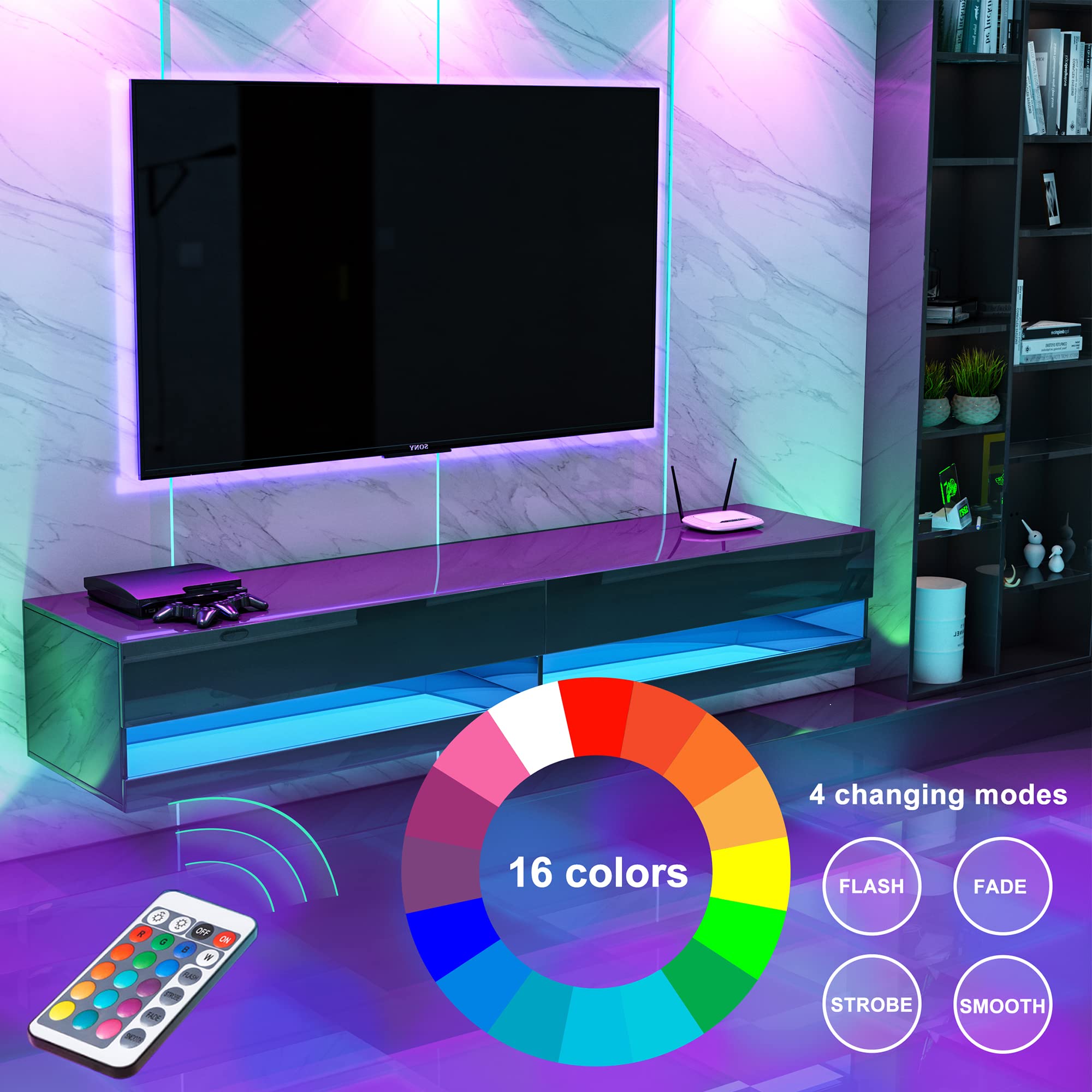 Floating LED TV Stand for 65-80 Inch TVs - Modern High Gloss Wall Mounted Entertainment Center with LED Lights - Black | Perfect for Living Room, Bedroom & Home Theater Setup