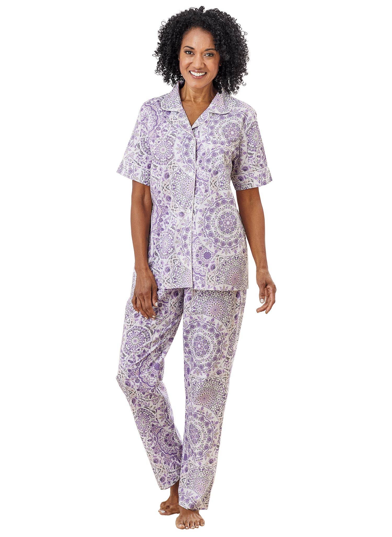 AmeriMark Women's Floral Print Pajama Set - Soft Cotton Sleepwear with Elastic Waist Pants & Comfortable PJ Top for Lounge, Travel & Home Relaxation
