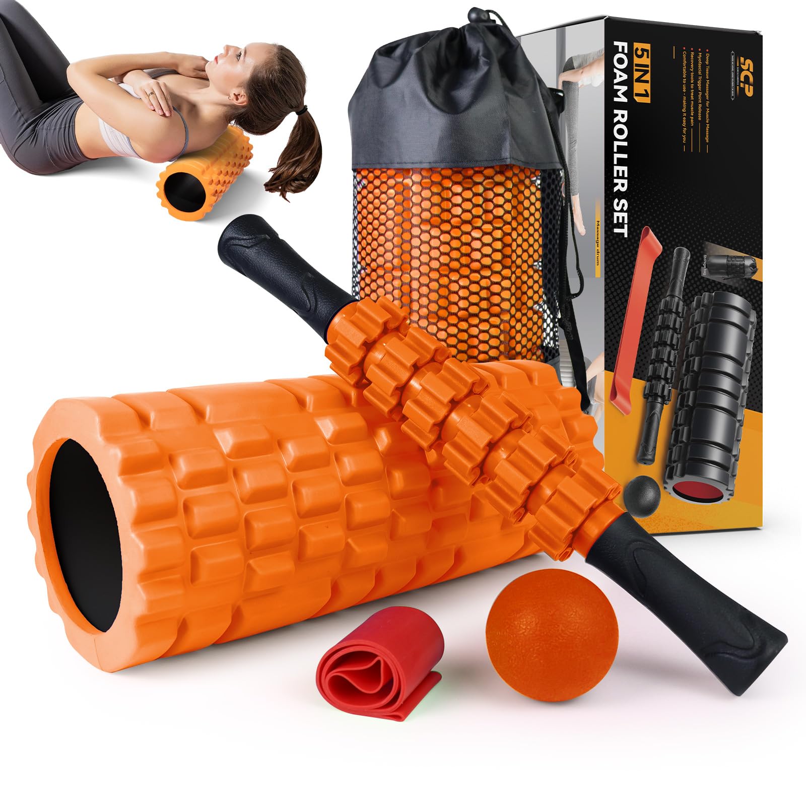 5-in-1 Foam Roller Set for Deep Tissue Massage - Trigger Point Roller, Massage Stick, Therapy Ball & Resistance Band - Perfect for Yoga, Pilates, Fitness & Full Body Workout (Orange-Black) - Home Gym & Physical Therapy Essential