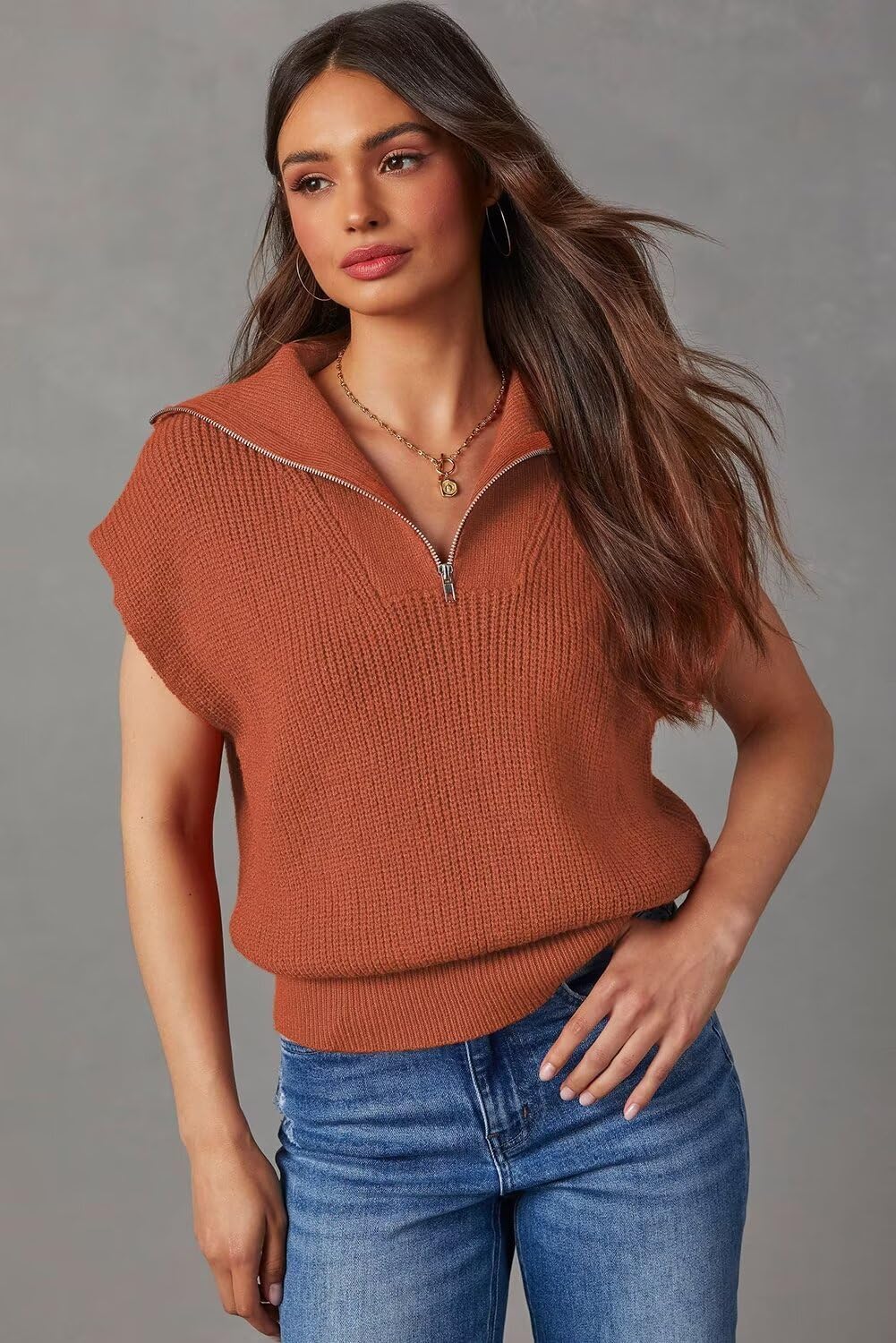 Dokotoo Women's Casual Sleeveless Half Zip Pullover Sweater - Solid V-Neck Collar Ribbed Knit Loose Fit Top for Spring & Fall | Perfect for Work, Travel, and Weekend Outings