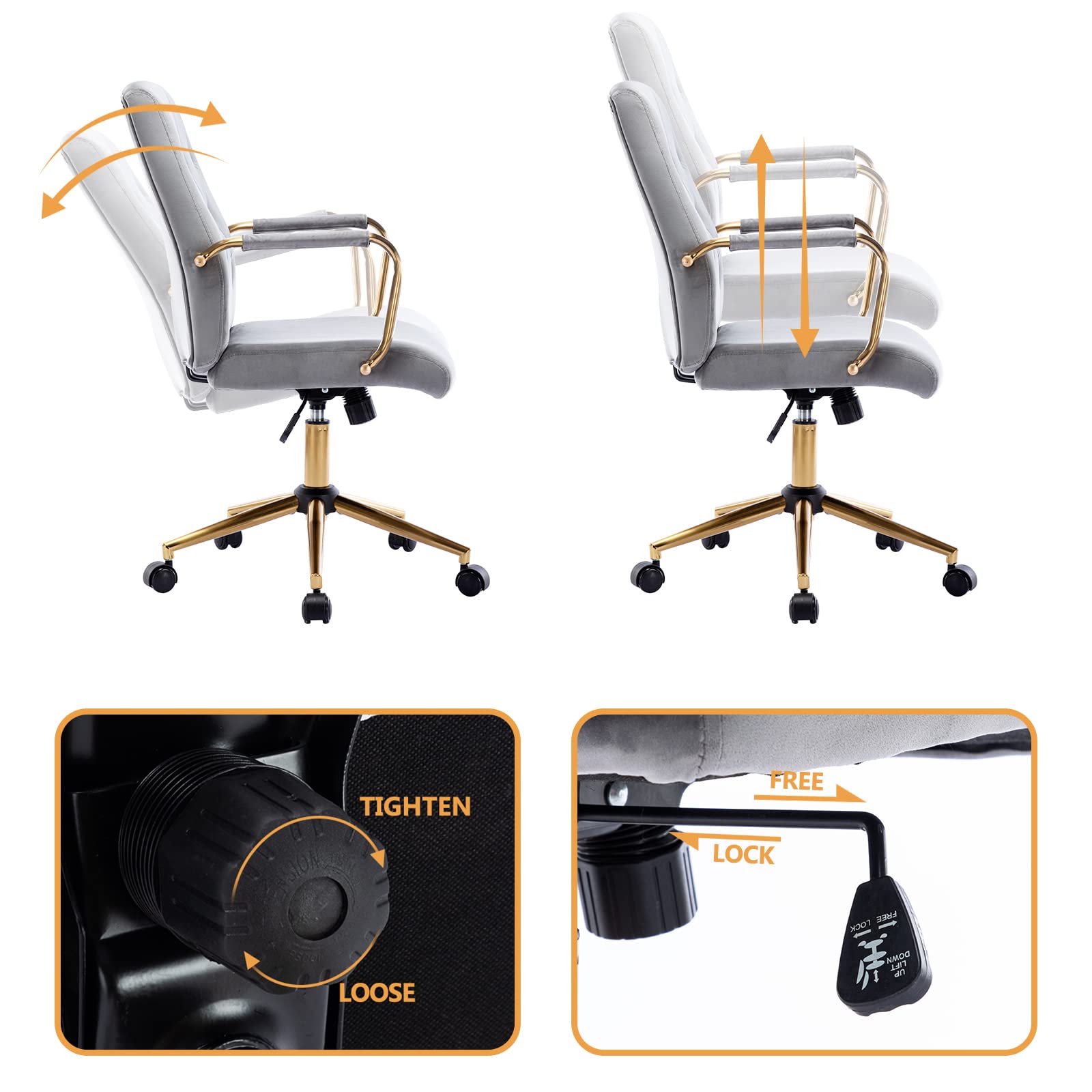 Premium Velvet Home Office Desk Chair - Modern Gold Task Chair with Wheels, Swivel Adjustable Computer Chair with Armrest & Gold Base (Grey) - Perfect for Home Office, Gaming & Workspace Comfort