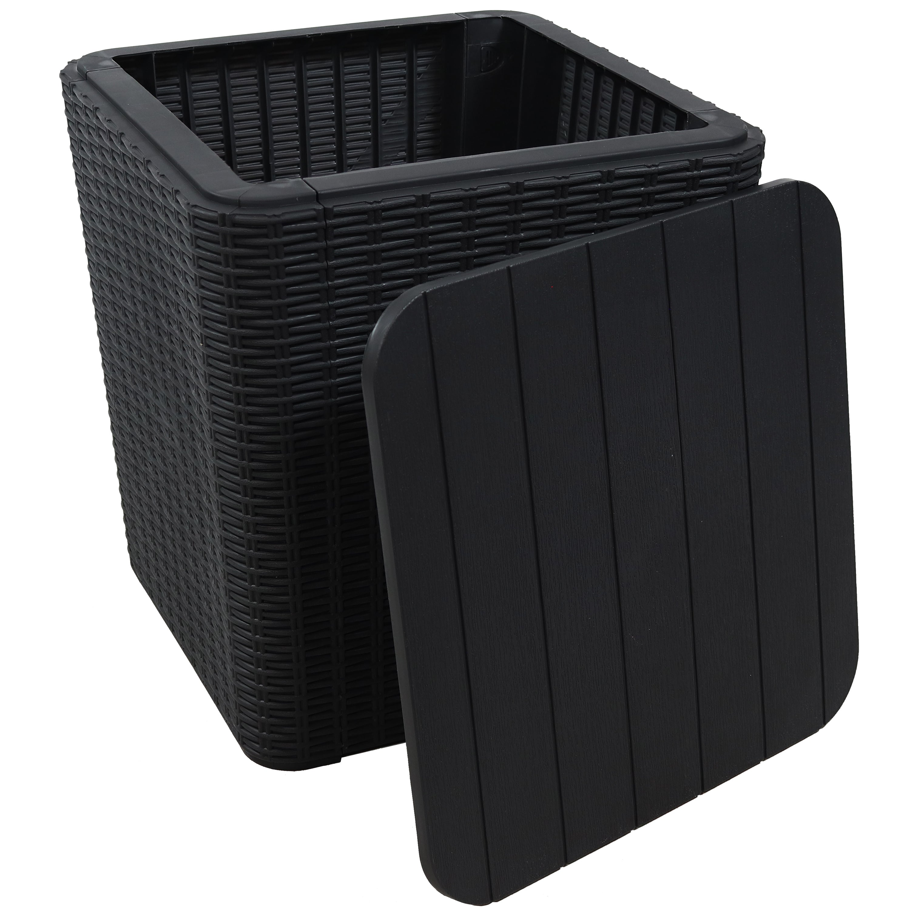 Sunnydaze Outdoor Side Table with Storage - Rattan Design, 11.5 Gallon Capacity - Perfect for Patio, Garden, Poolside & Balcony Decor