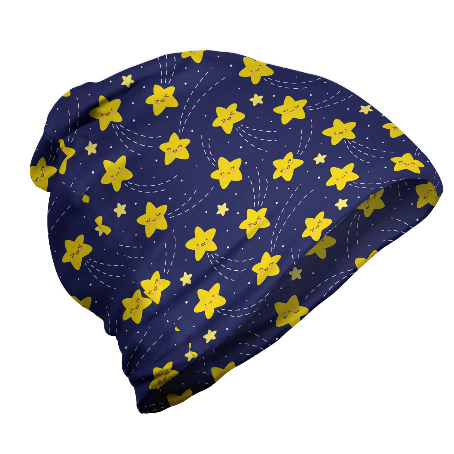 Ambesonne Unisex Beanie - Cartoon Happy Night Stars Design - Warm Winter Knit Hat for Men & Women - Perfect for Hiking, Camping & Outdoor Activities
