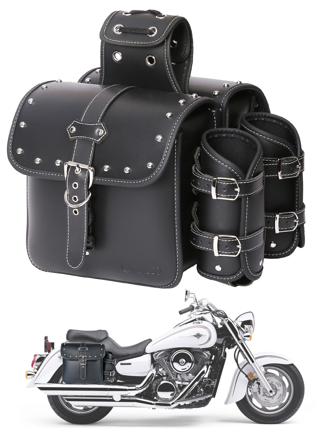 Premium High-Density Leather Motorcycle Saddlebags - Universal Throw Over Side Bags with Cup Holder, Waterproof Storage Tool Pouch for Harley, Cruiser & Touring Bikes (1 Pair, Black) - Perfect for Long Rides, Road Trips & Daily Commuting