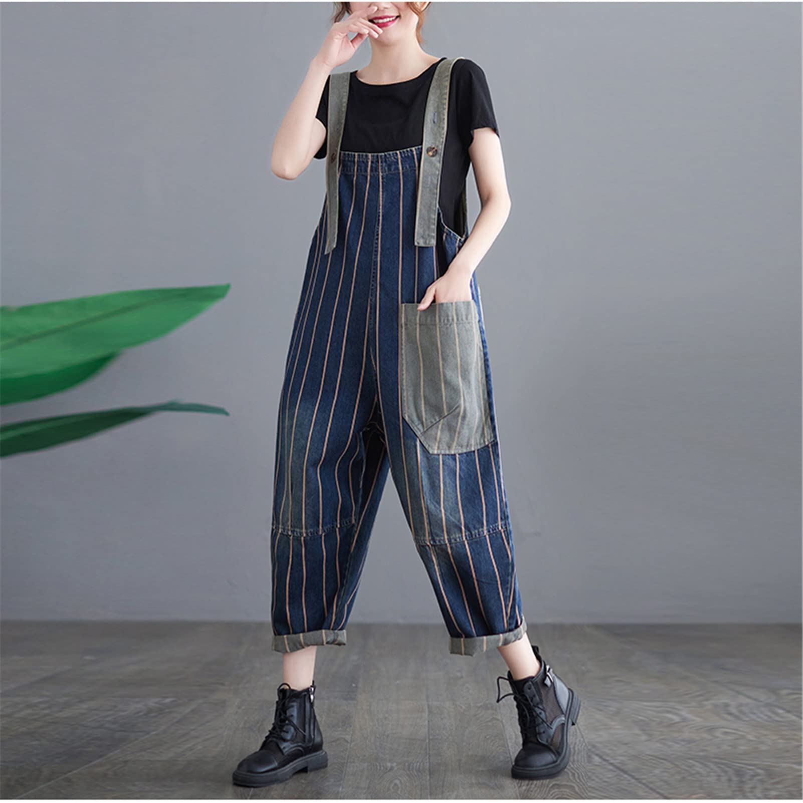 Zozogag Women's Wide Leg Denim Jumpsuit - Casual Patchwork Striped Overalls with Adjustable Straps | Baggy Jeans Dungarees for Everyday Wear, Street Style & Boho Fashion