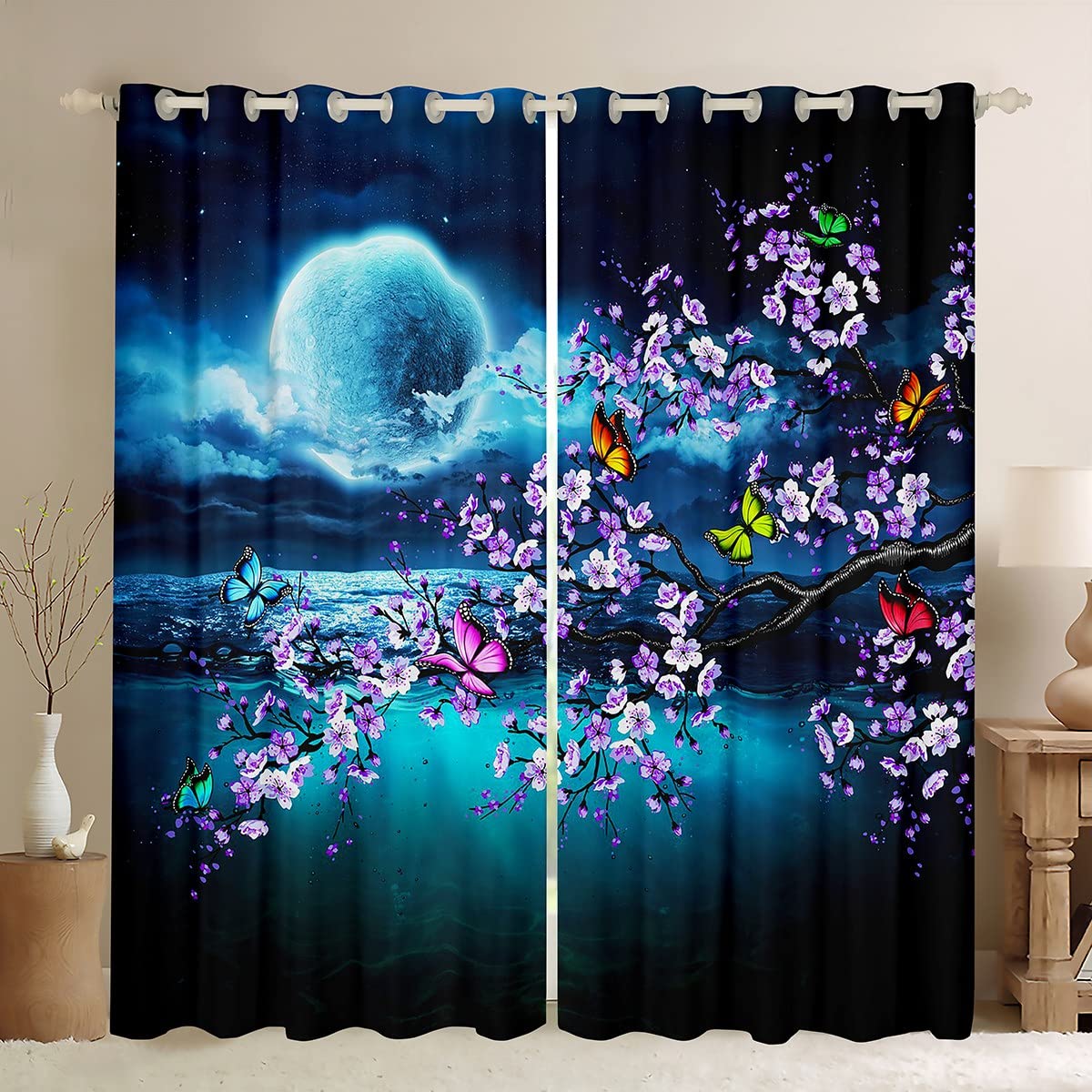 Bright Moon Night Blackout Curtains - Pink Cherry Blossom & Butterfly Design, Blue Ocean Wave Window Drapes for Living Room & Bedroom (2 Panels, 76