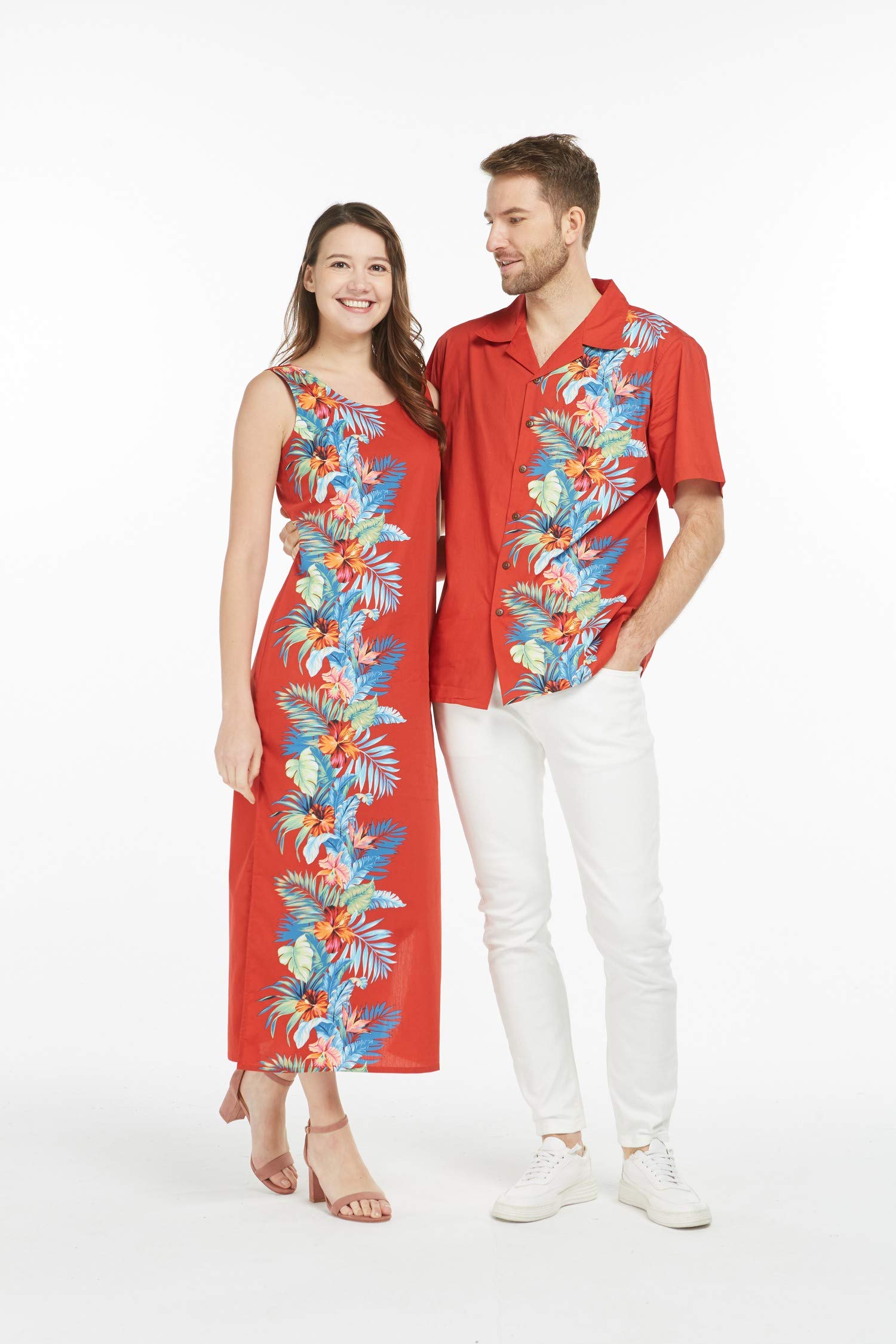 Hawaiian Couple Matching Luau Aloha Shirt & Maxi Tank Dress Set - Orchid Paradise Navy Print - Tropical Beach Vacation Outfits for Summer, Honeymoon, and Hawaiian Theme Parties