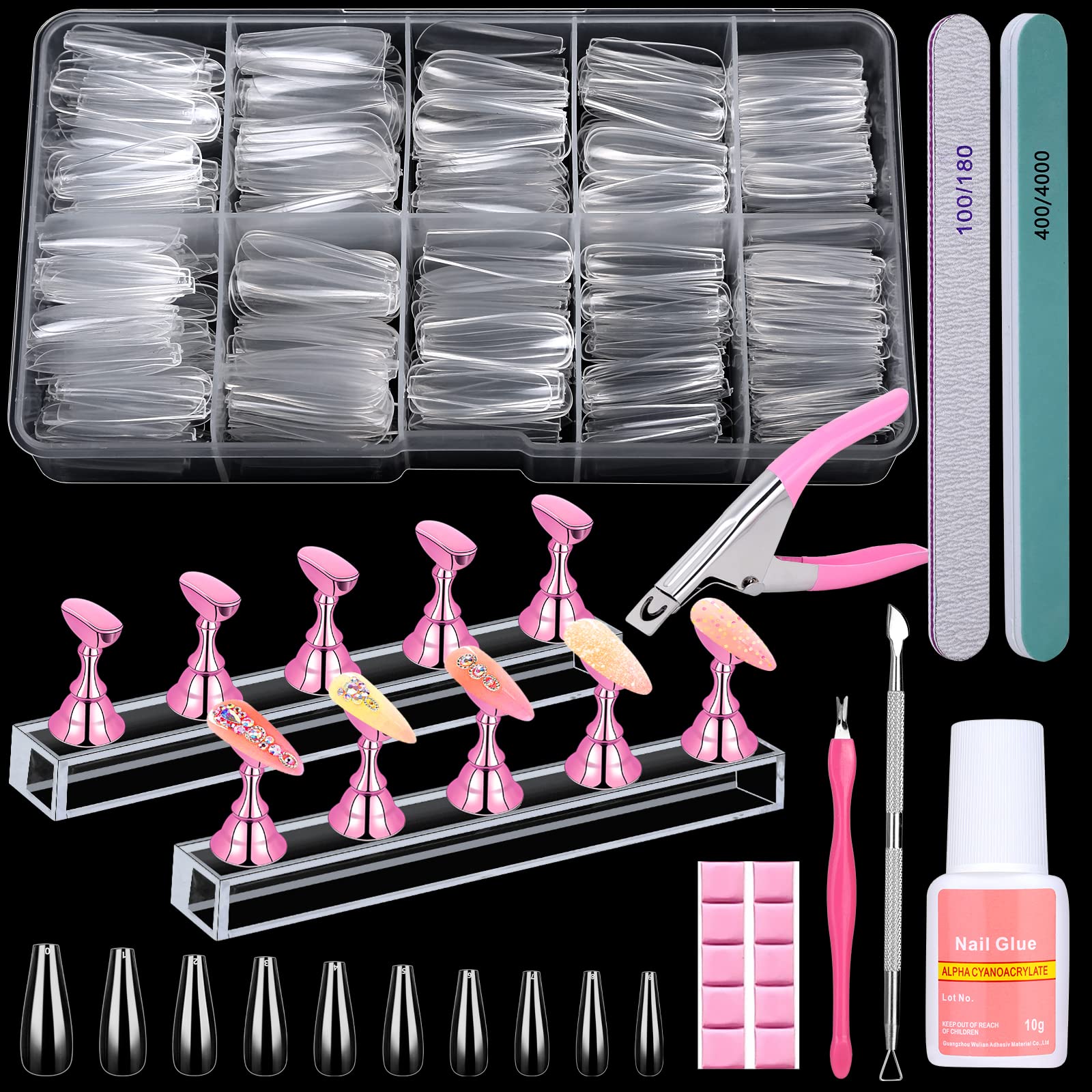 600PCS Clear Coffin Nail Tips Set with Nail Glue - Full Cover Acrylic Nails Kit Includes Display Stand, Cuticle Pusher & Nail Files - Perfect for Salon, DIY Manicures & Nail Art Designs