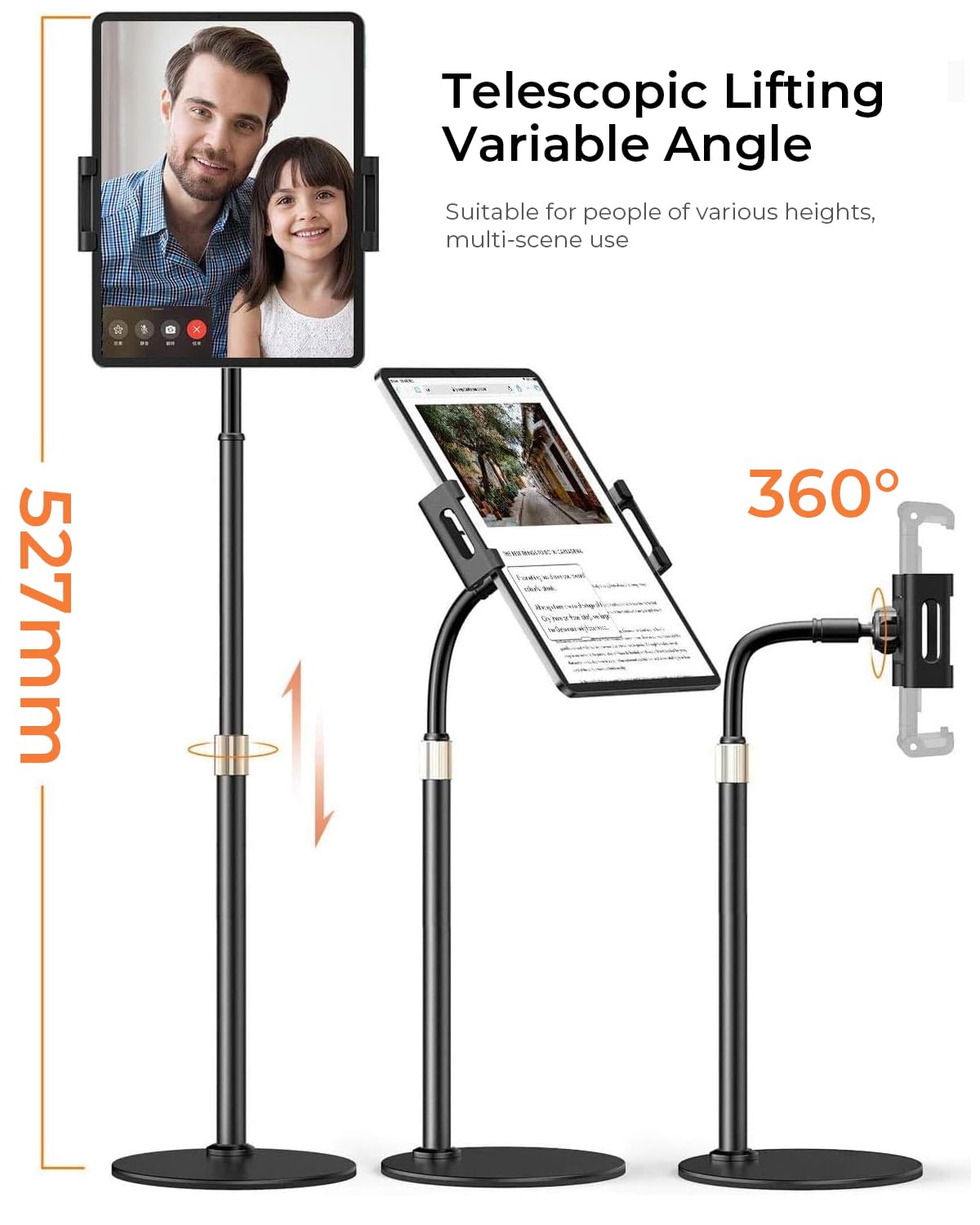 Adjustable iPad Stand for Desk - Portable Monitor Stand Holder Compatible with iPad Pro 12.9/10.9/10.2, Air, Mini (4/3/2), Fire Tablet, Nexus & Kindle (4.7