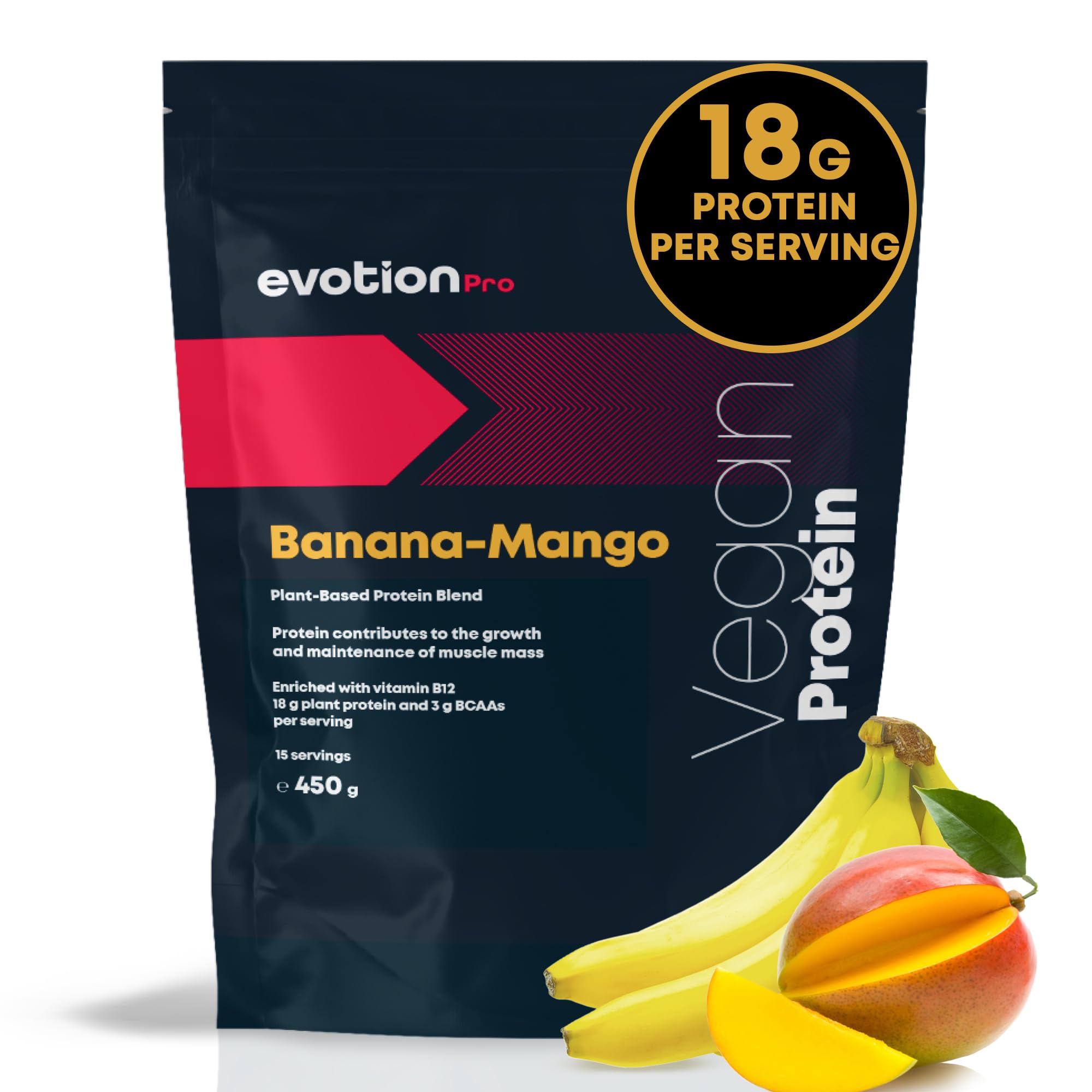 EVOTION PRO Vegan Protein Powder 450g - 18g Plant-Based Protein, 3g BCAAs - Pea, Pumpkin & Coconut Milk Protein - Lactose Free, Gluten Free - Banana Mango Flavor (15 Servings) - Perfect for Post-Workout Recovery & Smoothies