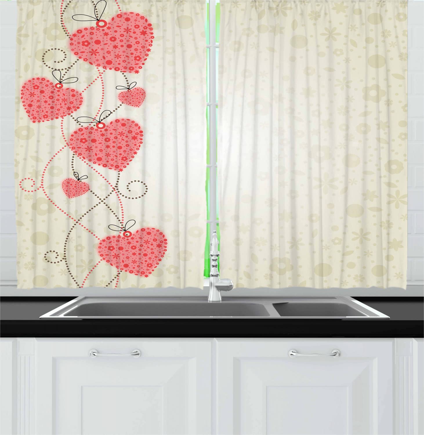 Ambesonne Romantic Long Kitchen Curtains - Abstract Heart Design with Dotted Lines, 55