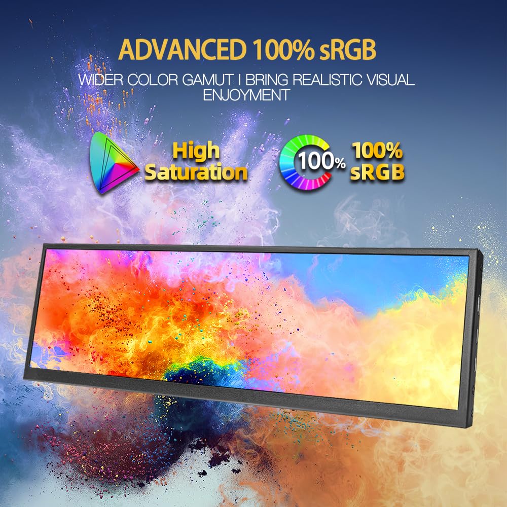 14.1 Inch Ultrawide Portable Monitor - 1920x550 IPS Screen, USB-C & HDMI Connectivity, Secondary Display for PC/Laptop - Perfect for PC Case Monitoring, Gaming, and Multi-Tasking