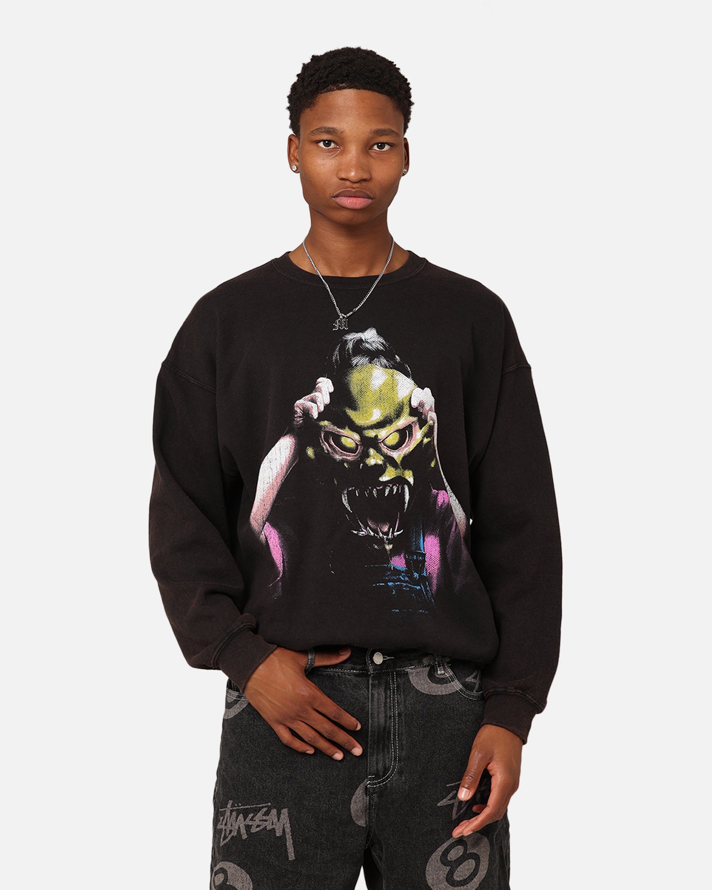 Vintage American Thrift X Goosebumps The Haunted Mask Black Wash Crewneck Sweatshirt - Perfect for Halloween Costumes & Horror Movie Nights