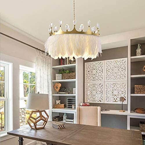 Modern White Feather Pendant Lamp with Gold Crown Crystal Chandelier - Adjustable Flexible Wire Ceiling Light for Living Room, Bedroom, Nursery & Bar Decor (21.7 inch/55cm) - Elegant Lighting Fixture for Home, Restaurant & Commercial Spaces