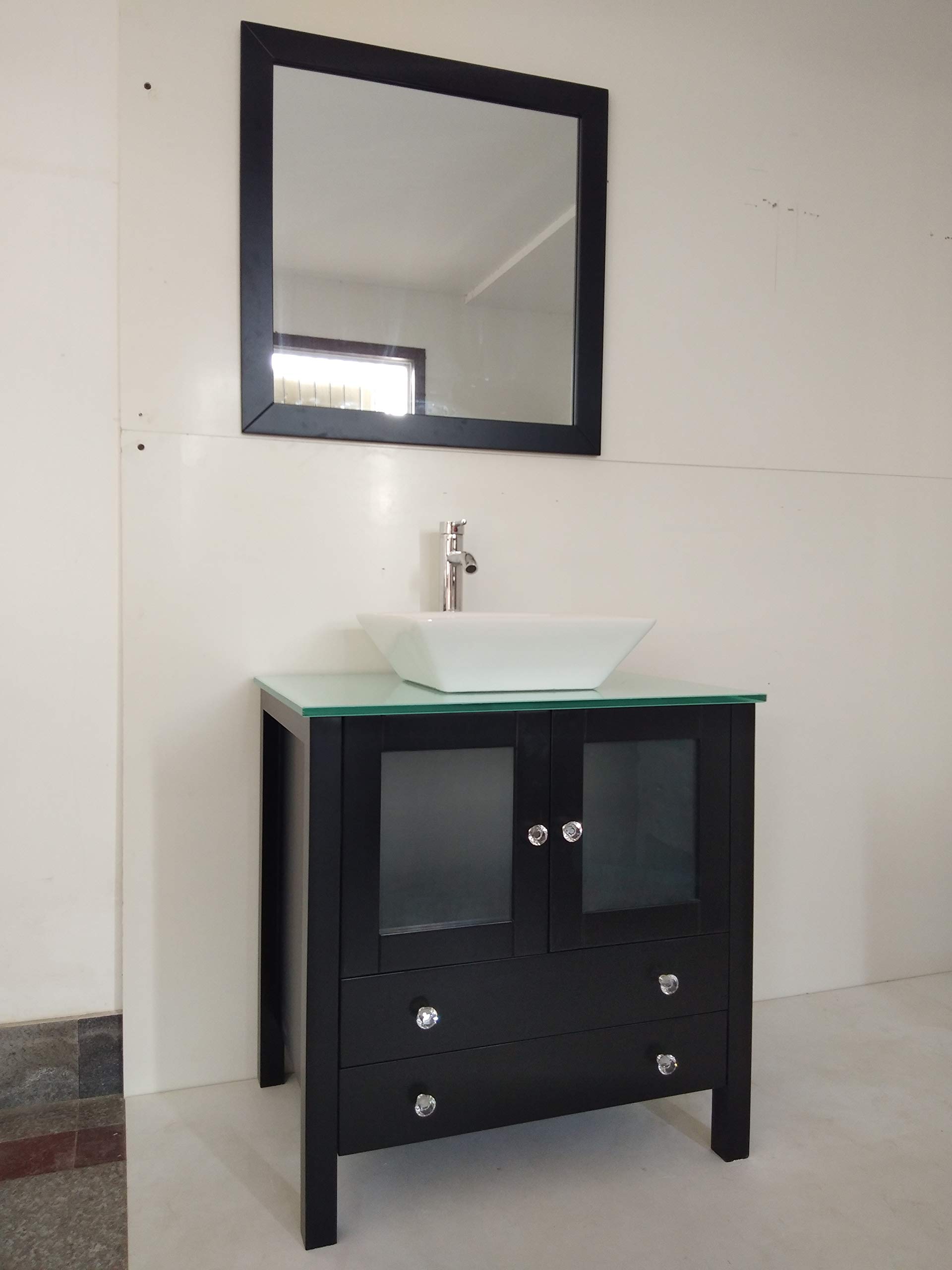 30 Inch Freestanding Modern Bathroom Vanity Set with Ceramic Vessel Sink & Mirror - Solid Wood Construction, Black Finish - Perfect for Small Bathrooms, Powder Rooms & Master Bath Suites