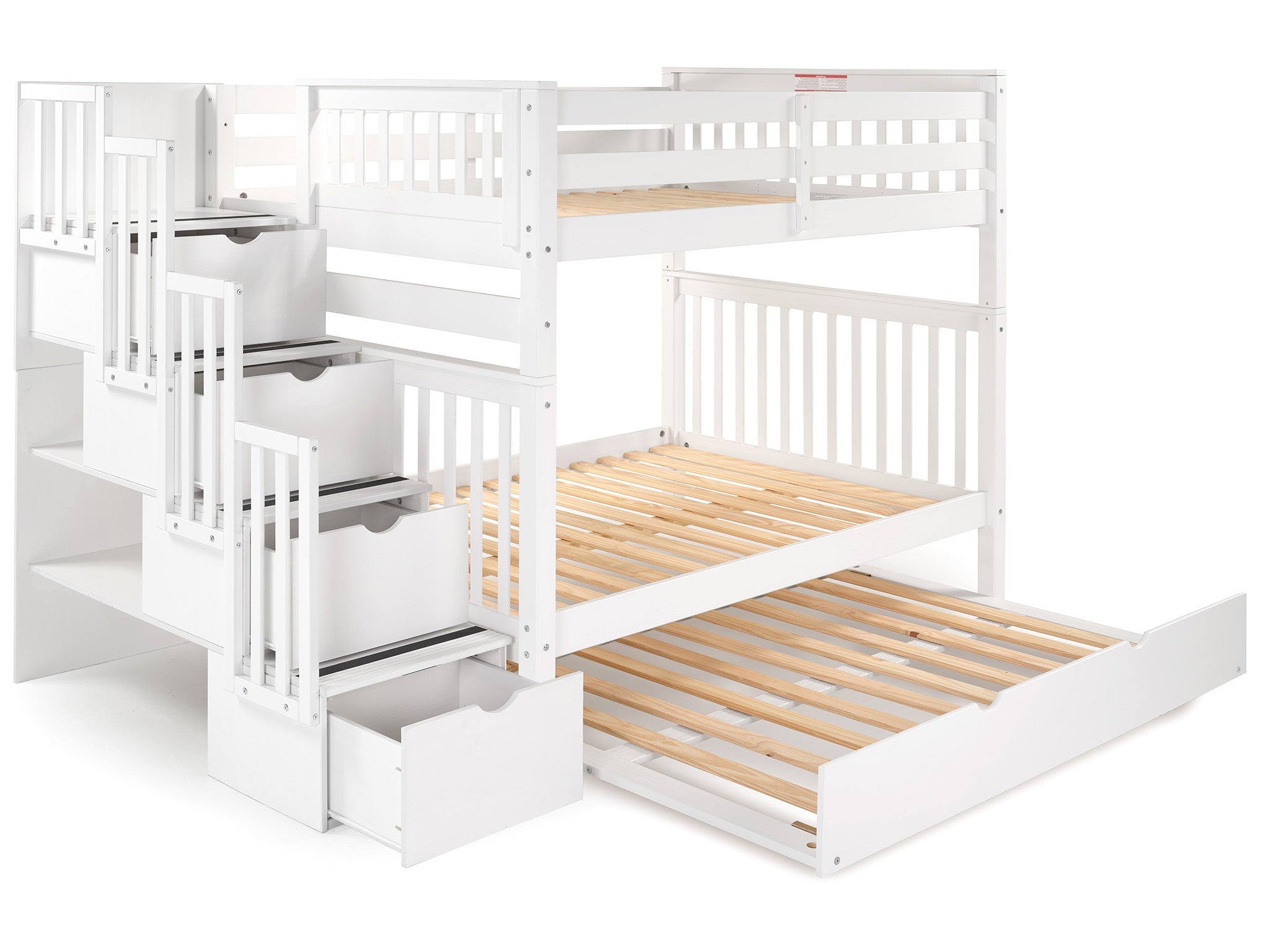 Full over Full Bunk Beds with Stairway & Trundle - White Twin Loft Bed for Kids & Teens - Space Saving Bedroom Furniture for Small Rooms, Guest Rooms & Vacation Homes