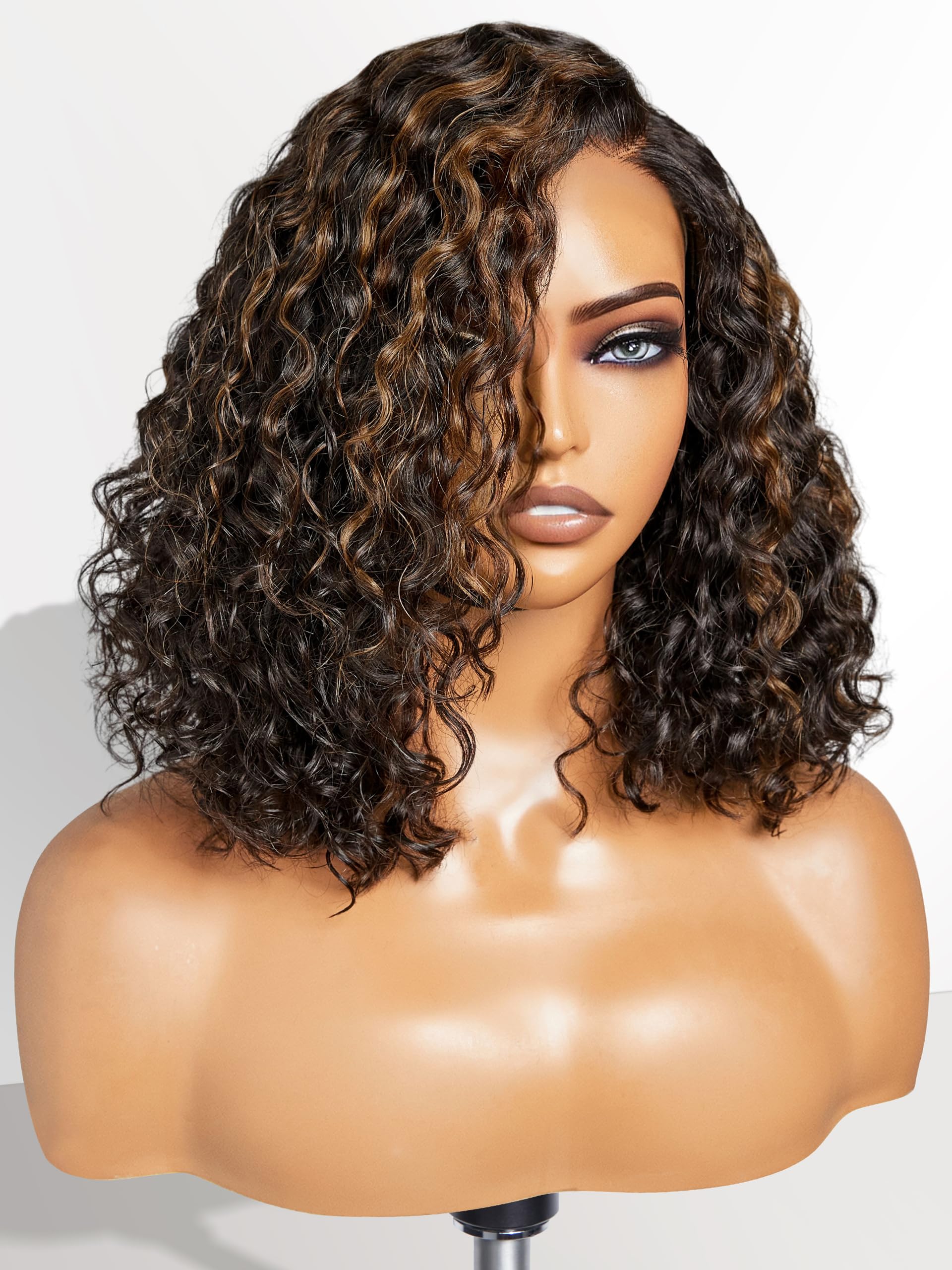 LUVME HAIR 12 Inch Curly Glueless Human Hair Wig - Pre Plucked, Pre Cut Undetectable HD Lace Bob Wig with Blonde Highlights (180 Density) | Natural Black Short Curly Wig for Daily Wear, Cosplay & Special Occasions