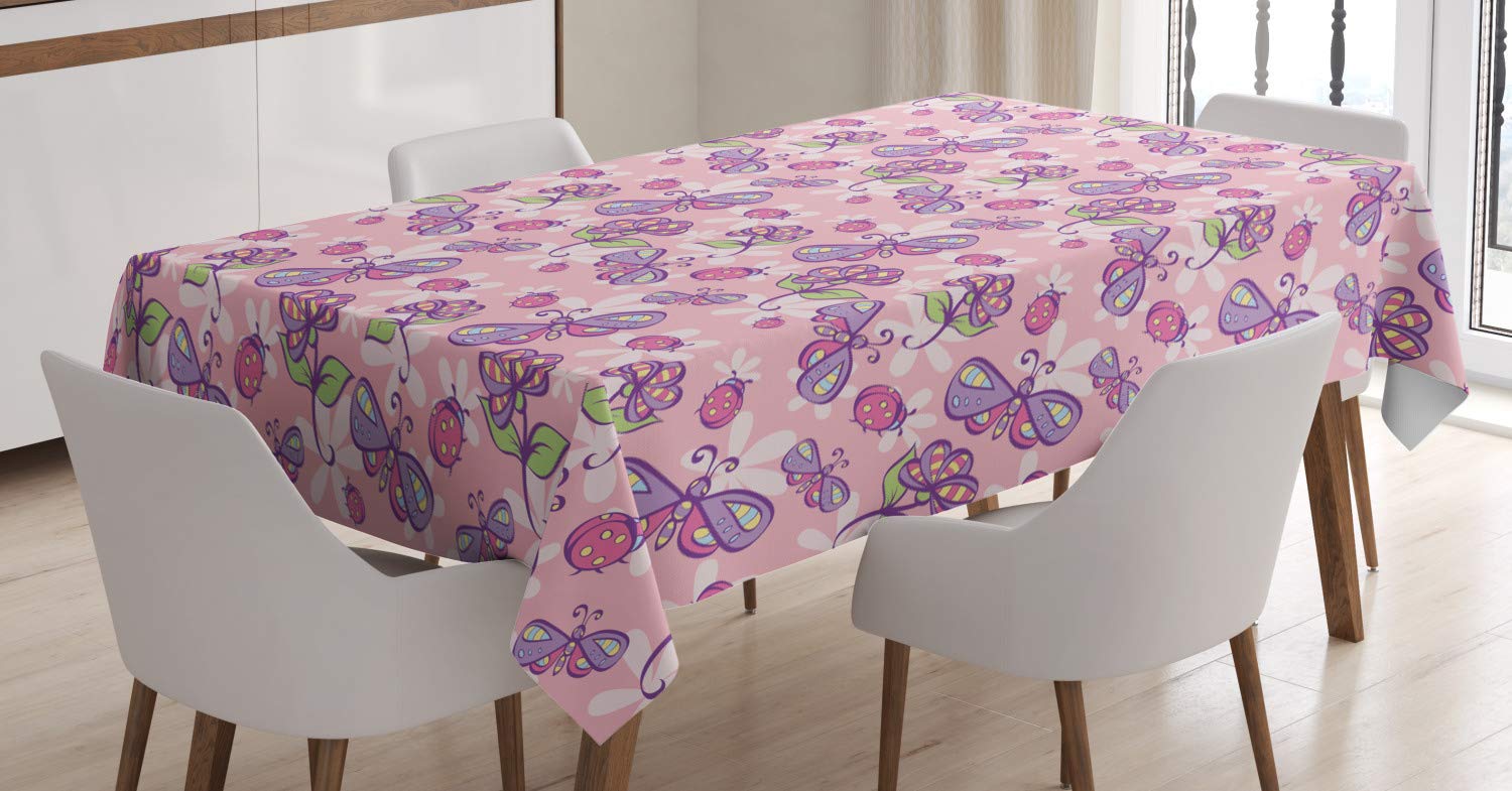Ambesonne Floral Tablecloth with Butterflies & Flowers - Cartoon Girls Playroom Theme, 60