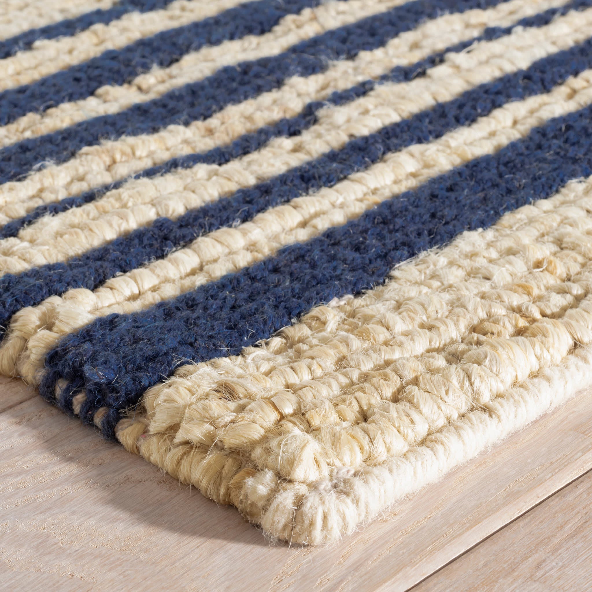 Handwoven Jute Area Rug with Navy Stripes - Natural Fiber Floor Mat for Living Room, Bedroom, or Entryway Decor