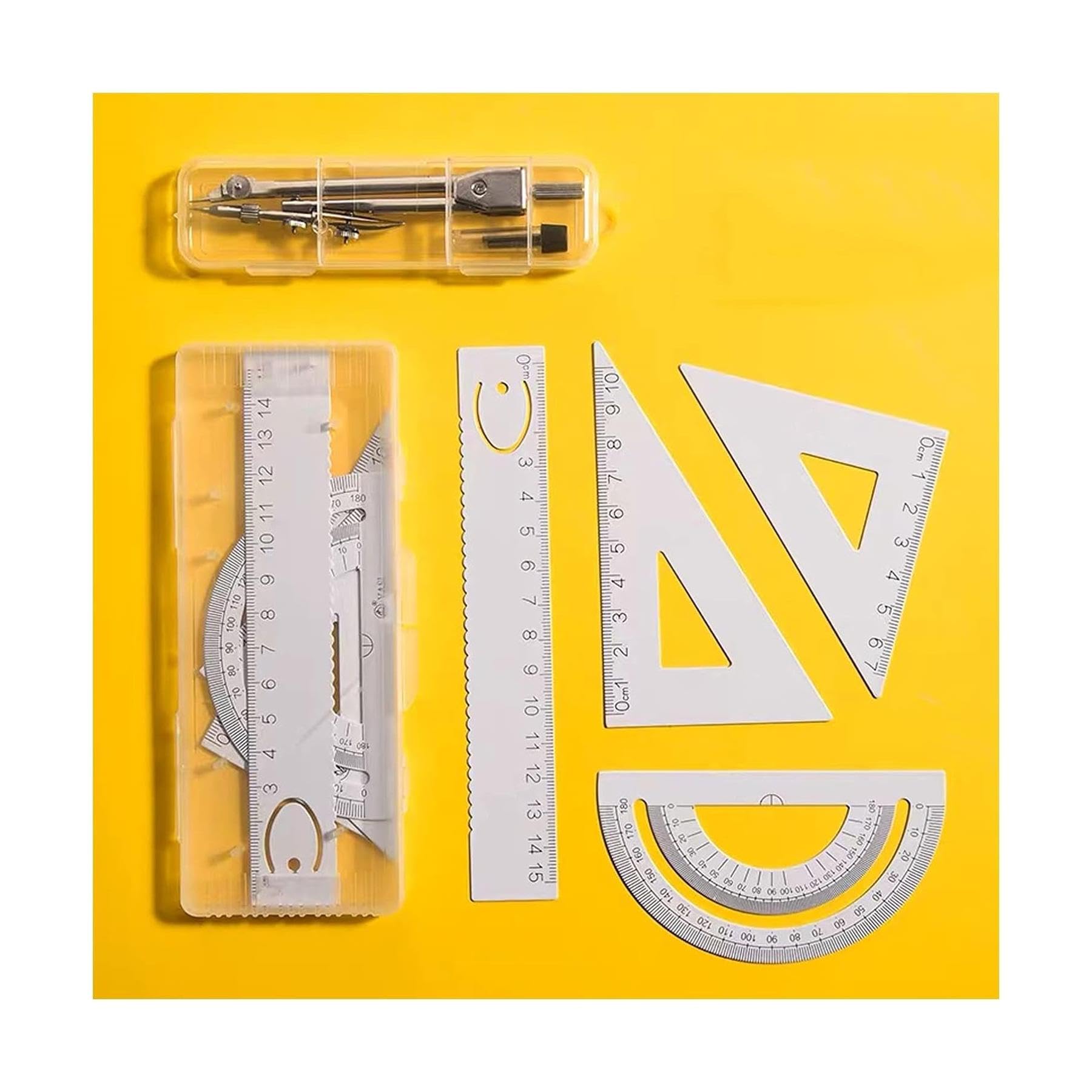 Premium Metal Drawing Compass Set - Professional Geometry & Drafting Tools Kit with Ruler, 2 Set Squares, Protractor for Students, Engineers & Artists - Perfect for Math Classes, Technical Drawings & Art Projects