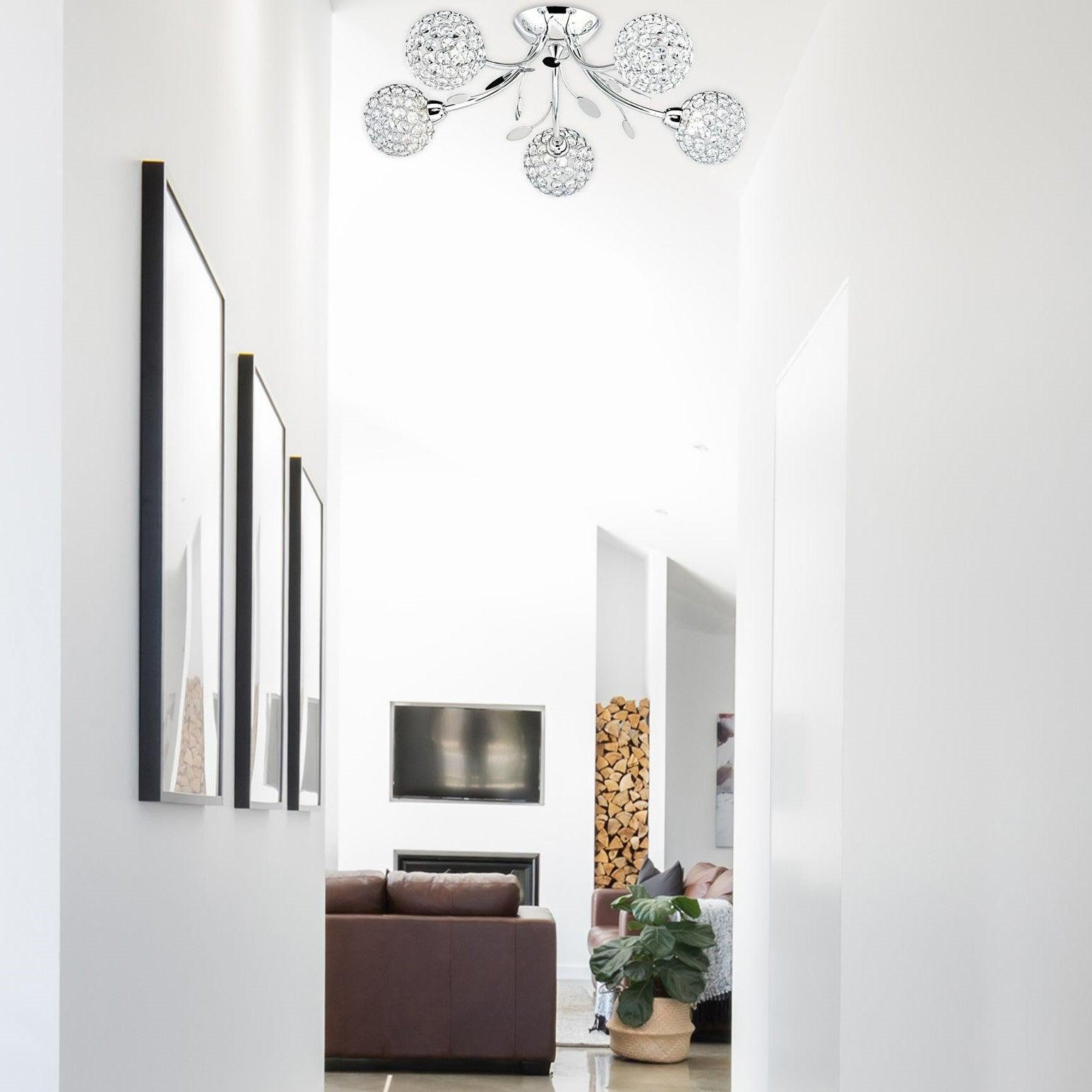 Bellis II 5-Light Semi Flush Mount Ceiling Light Fixture - Chrome Finish with Glass Deco Shades - Perfect for Dining Room, Bedroom or Hallway Lighting