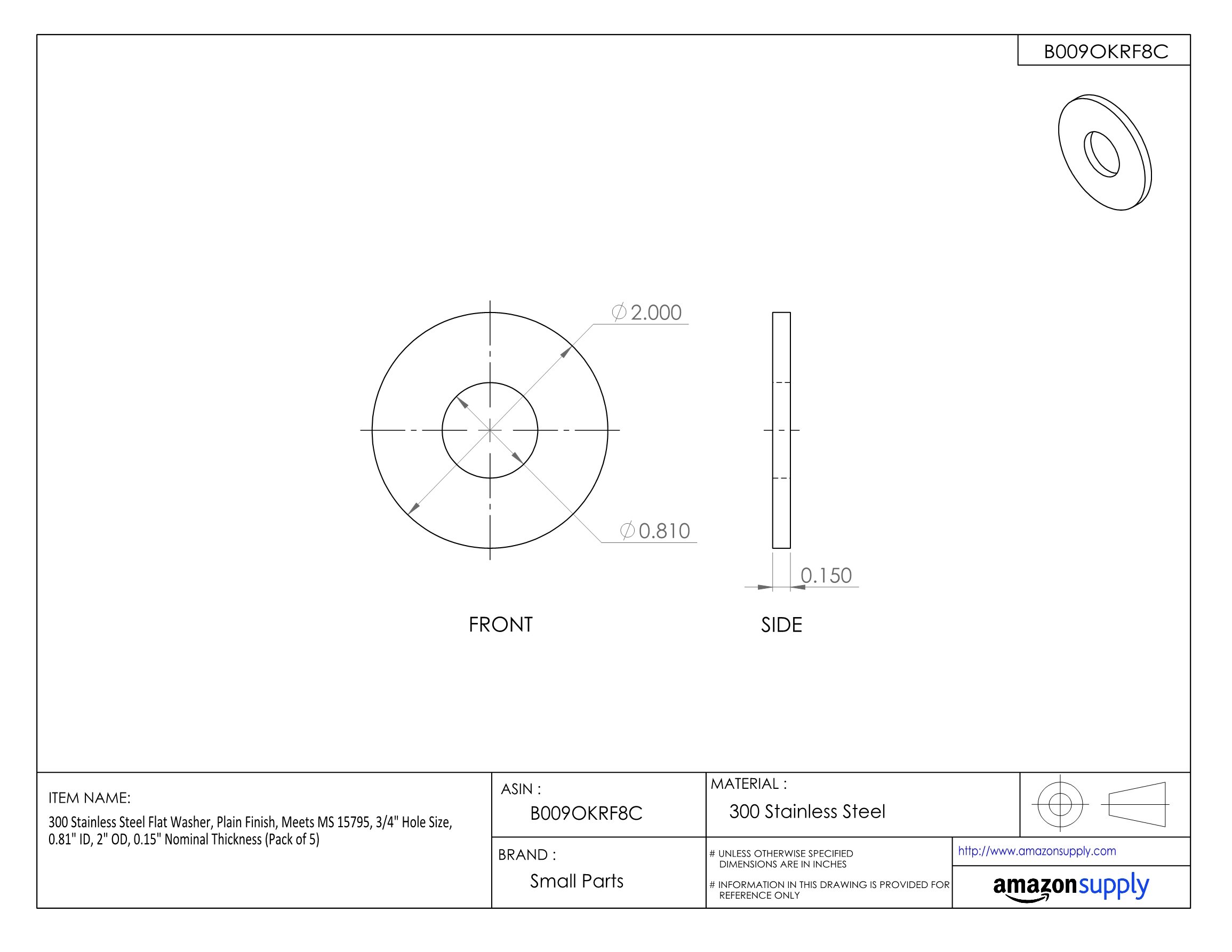 MS15795823 300 Stainless Steel Flat Washer, 3/4