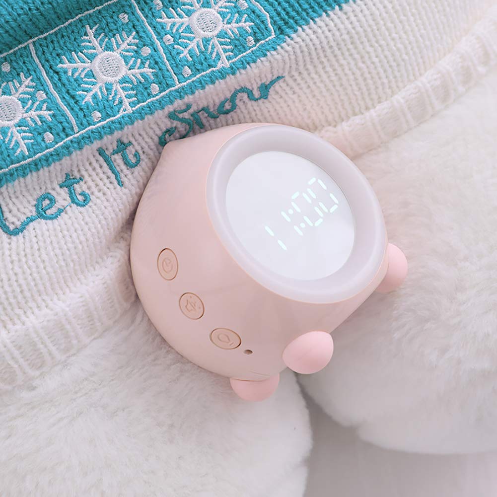 Kids Alarm Clock with Wake Up Light & Sleep Training - Digital USB Night Light with Snooze, Sunrise Simulation, Temperature & Date Display - Ideal for Boys & Girls Bedroom, Student Dorm, Nap Time (Pink)
