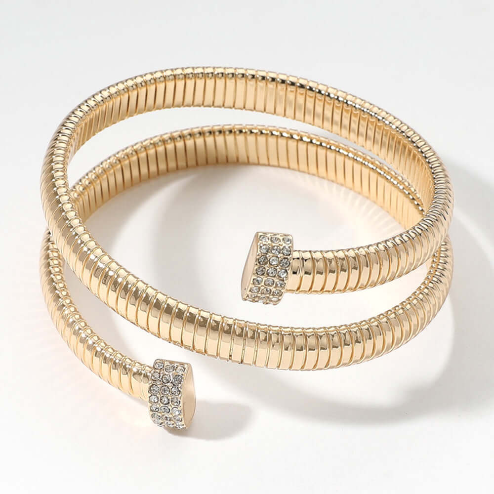 Elegant Gold Paved Tip Ribbed Metal Wrapped Bracelet for Women - Perfect for Parties, Weddings & Everyday Wear