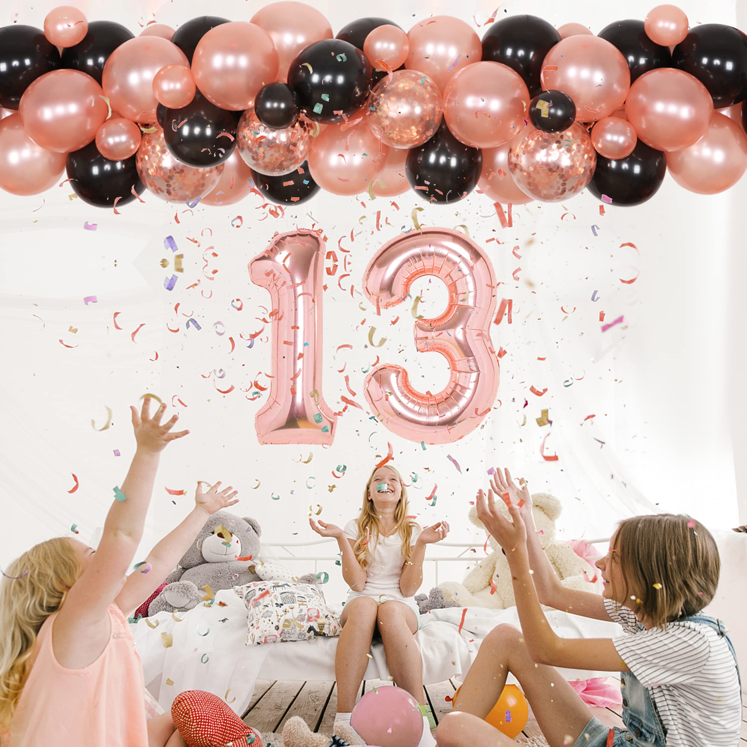 Rose Gold & Black 13th Birthday Decorations Set for Girls - Happy 13th Birthday Banner, Number 13 Sign, Confetti Balloons - Perfect for Teen Birthday Parties, Sweet 16 Prep & Milestone Celebrations
