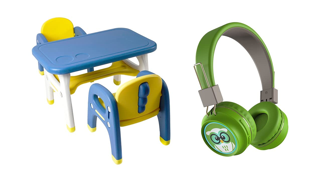 TinyGeeks Kids Table and Chairs Set - Blue & Yellow Children's Furniture | TinyGeeks Neo Wireless Headphones with Microphone - Green | Perfect for Playroom, Homeschooling & Online Learning