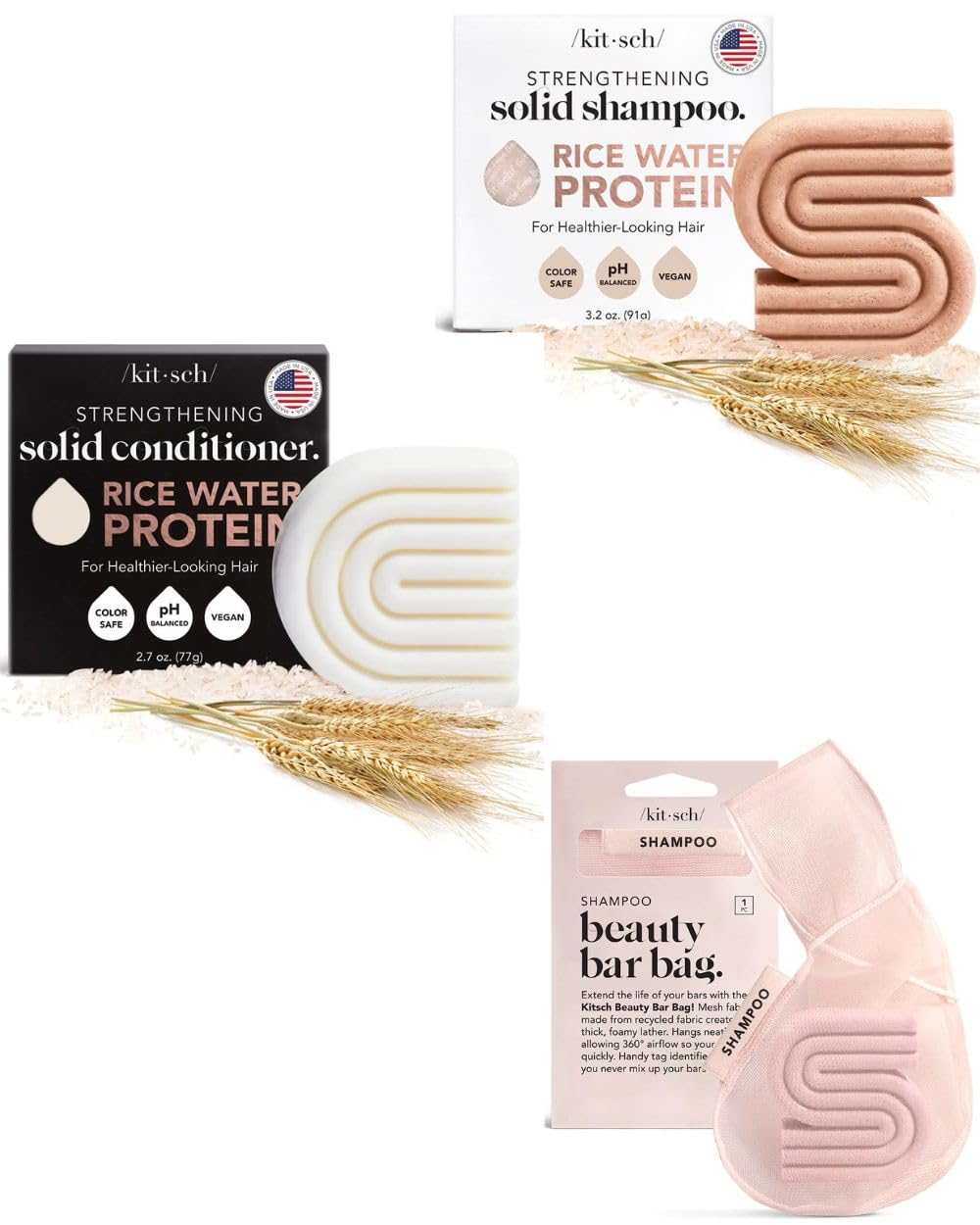 Kitsch Rice Shampoo Bar & Conditioner Set with Soap Bag - Natural Hair Care for All Hair Types | Travel-Friendly, Eco-Friendly, Zero Waste Shampoo Bars for Home & On-The-Go Use