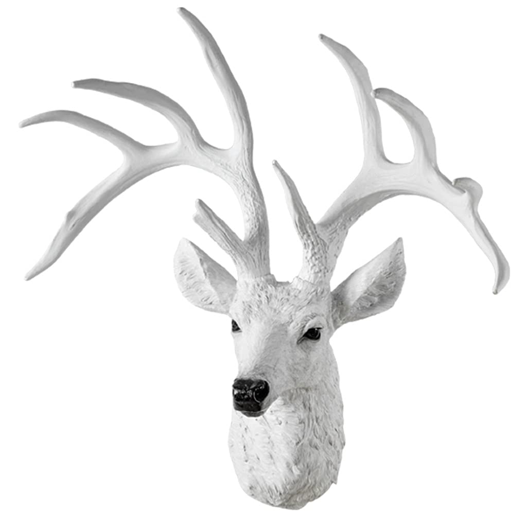 White Faux Deer Head Wall Decor - 25.4x25 Inch Rustic Antler Art, Handmade Farmhouse Taxidermy for Living Room, Bedroom & Cabin Decor