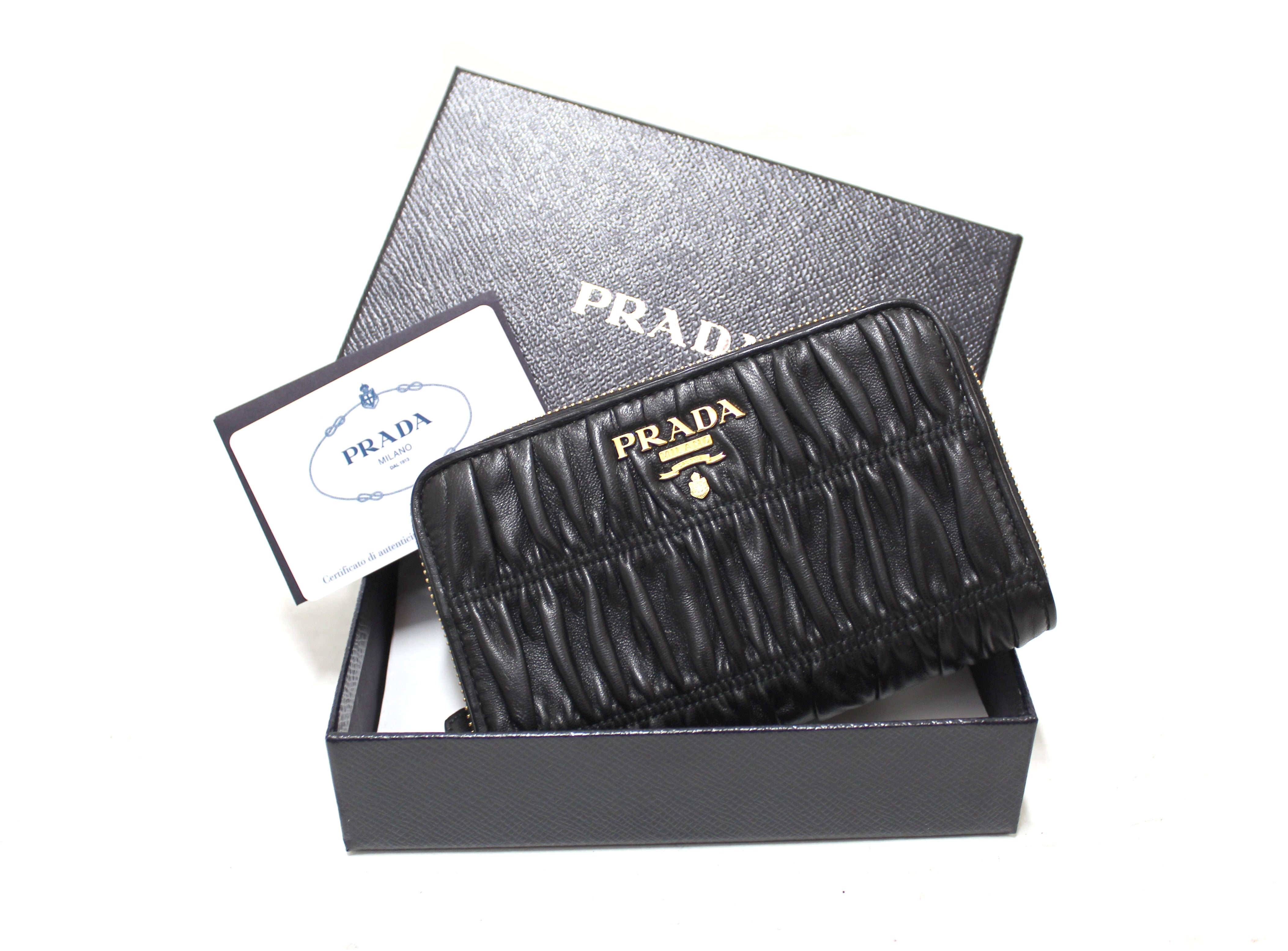 Authentic Prada Black Nappa Leather Small Zip Wallet for Women | Genuine Gaufre Textured Luxury Purse | Perfect for Everyday Use, Travel & Gift Giving