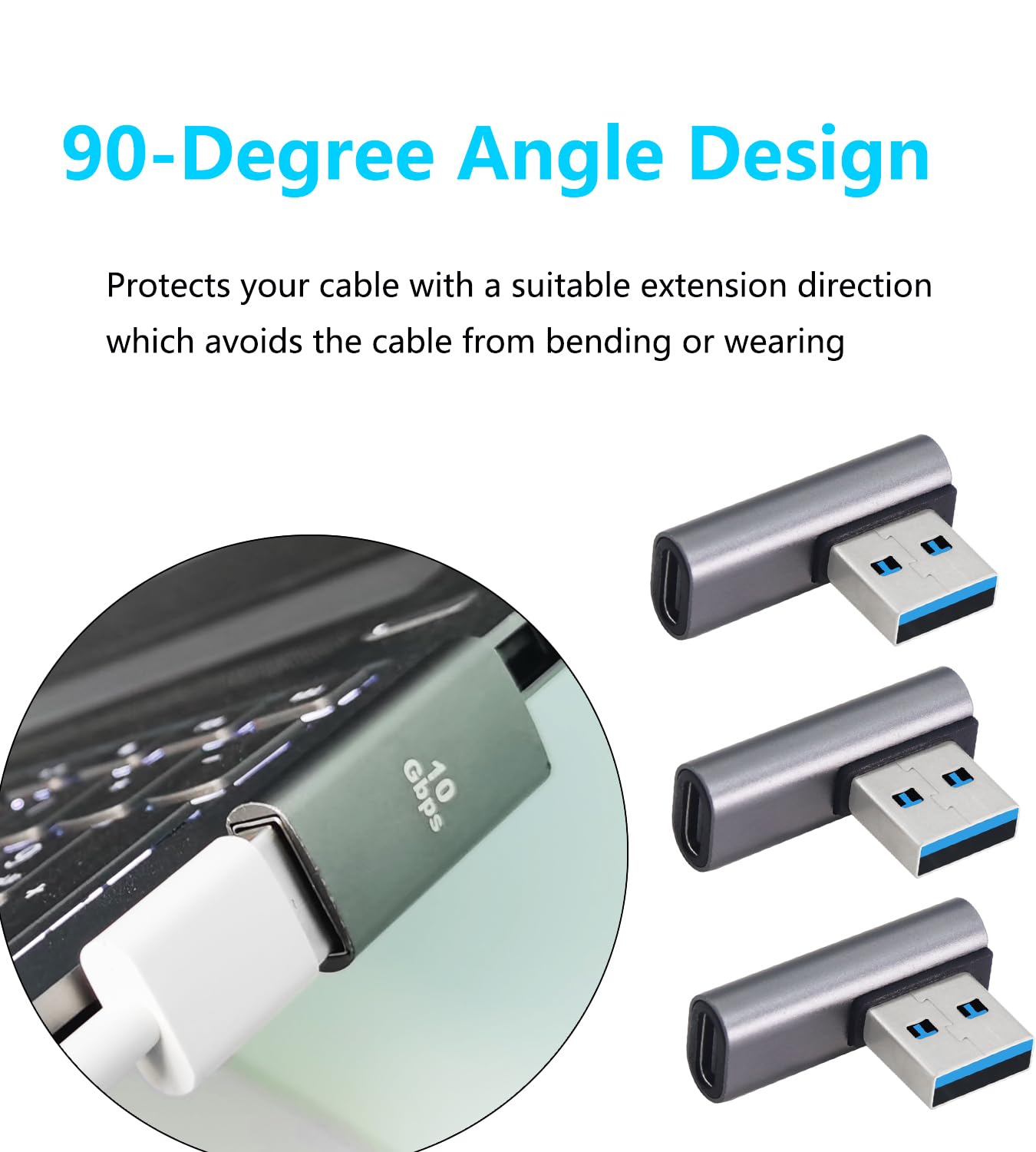 10Gbps USB 3.1 to USB C Adapter 90 Degree - 3 Pack OTG Data Transfer Converter for Laptop, Tablet, Smartphone - Fast Charging & File Sync (Silver USB A Male to Type C Female) - Perfect for Office, Travel & Home Use