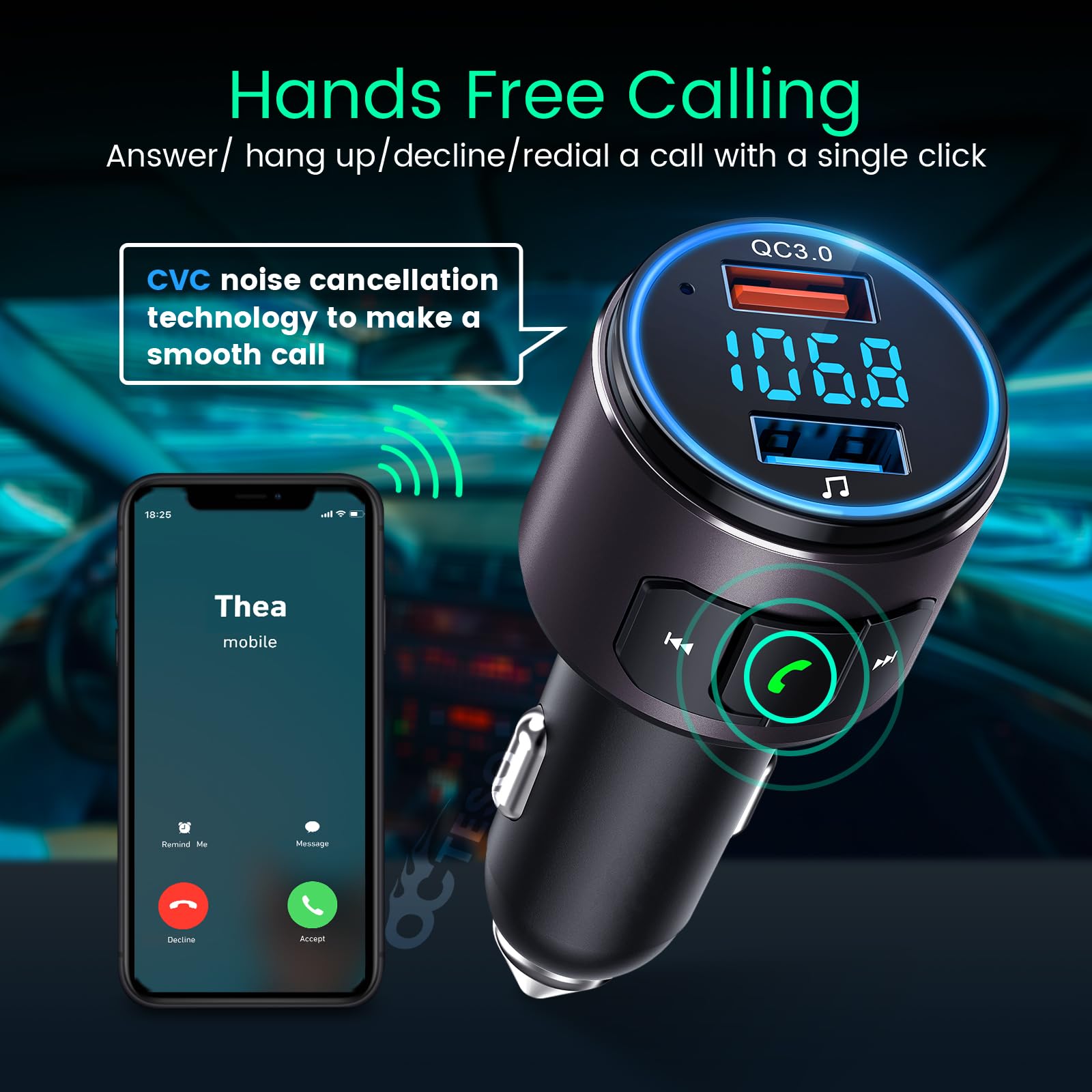 Upgraded V5.3 FM Bluetooth Transmitter for Car - QC3.0 Fast Charging, LED Backlit Wireless Bluetooth FM Radio Adapter with Siri & Google Assistant - Hands-Free Music Player & Car Kit (Brown) - Perfect for Road Trips, Commuting & Wireless Audio Streaming