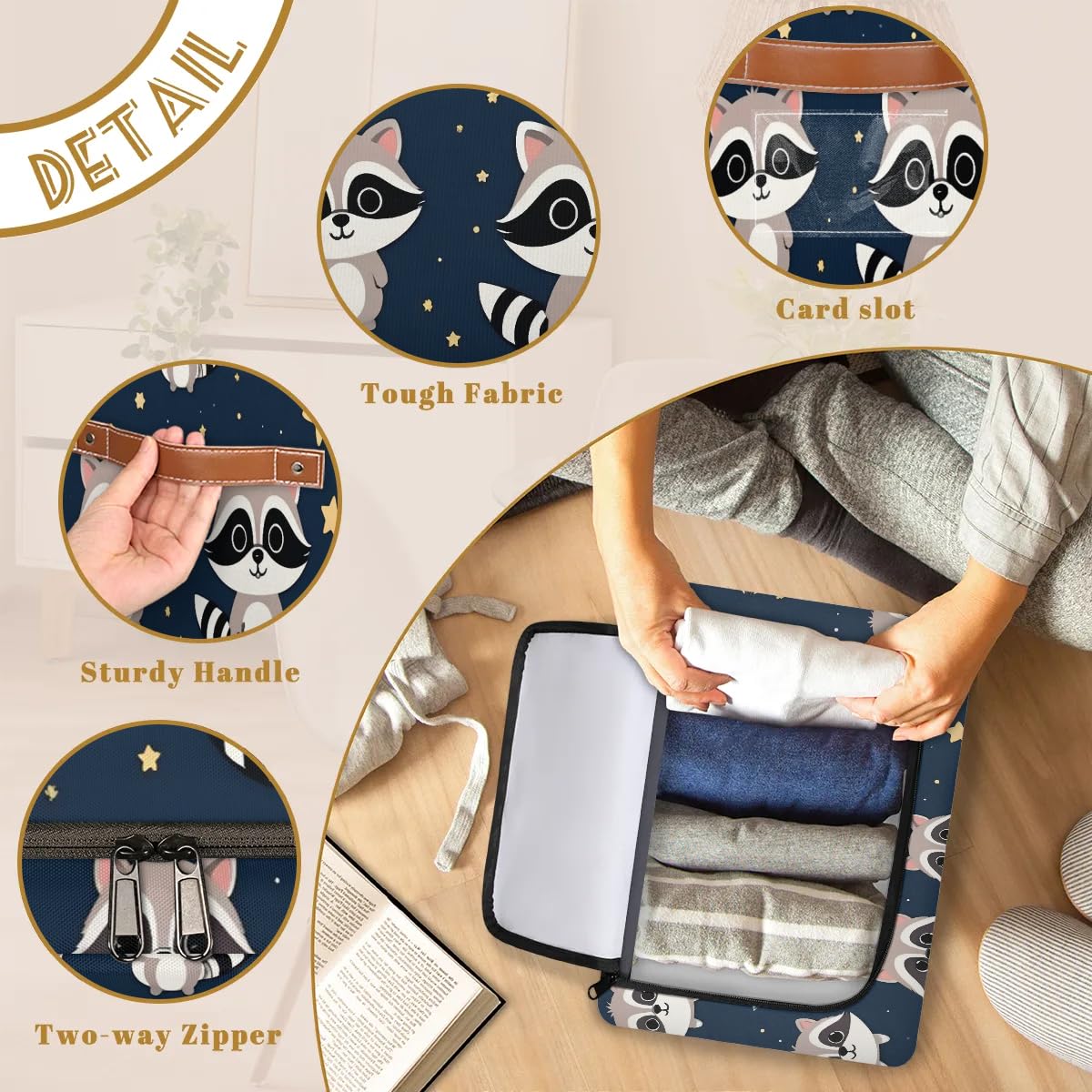 Cute Raccoon Fabric Storage Bins with Lid & Leather Handle - Foldable Washable Closet Organizer for Clothes, Toys, or Blankets (2-Pack) - Perfect for Bedroom, Nursery, or Office Organization