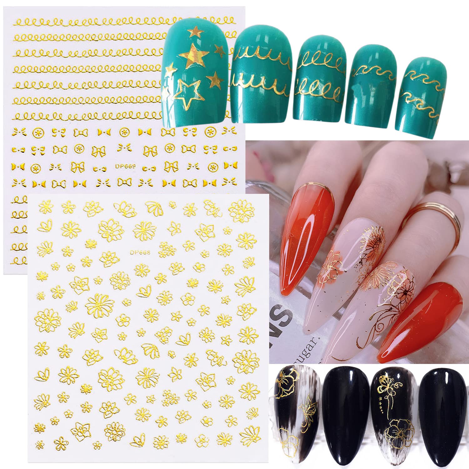 12 Sheets Gold Nail Art Stickers Set - Metallic Star, Heart, Moon & Flower Designs | 3D Self-Adhesive Nail Decals for DIY Manicure & Nail Decoration | Perfect for Parties, Weddings & Special Occasions
